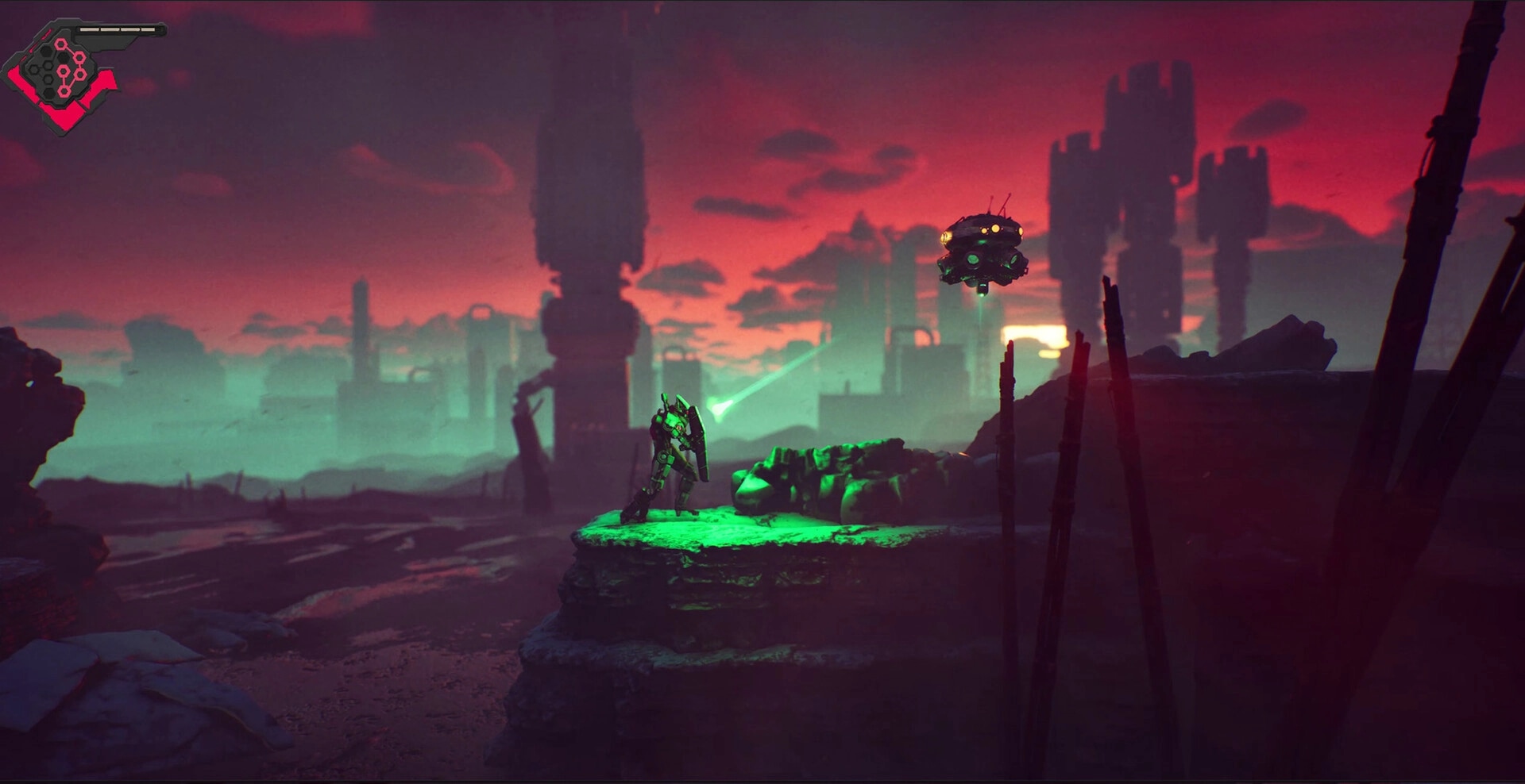 Rebel Core: Player confronts a drone on a rocky platform with a dystopian cityscape at sunset