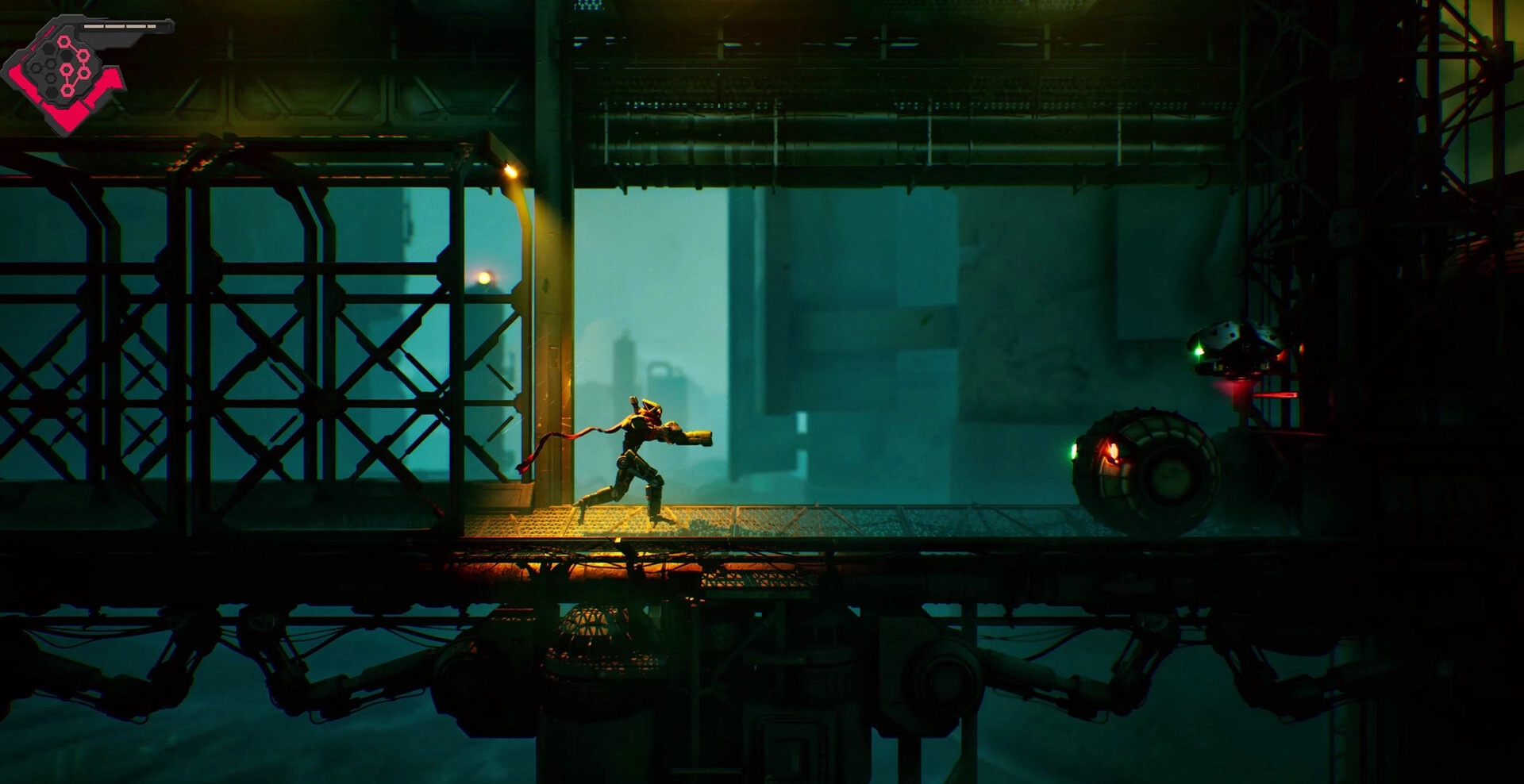 Rebel Core: Player character running with weapon in futuristic industrial platform environment