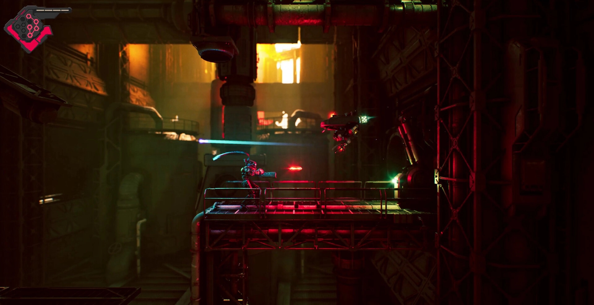 Rebel Core: Player battles a drone on an industrial platform with glowing red and green lights