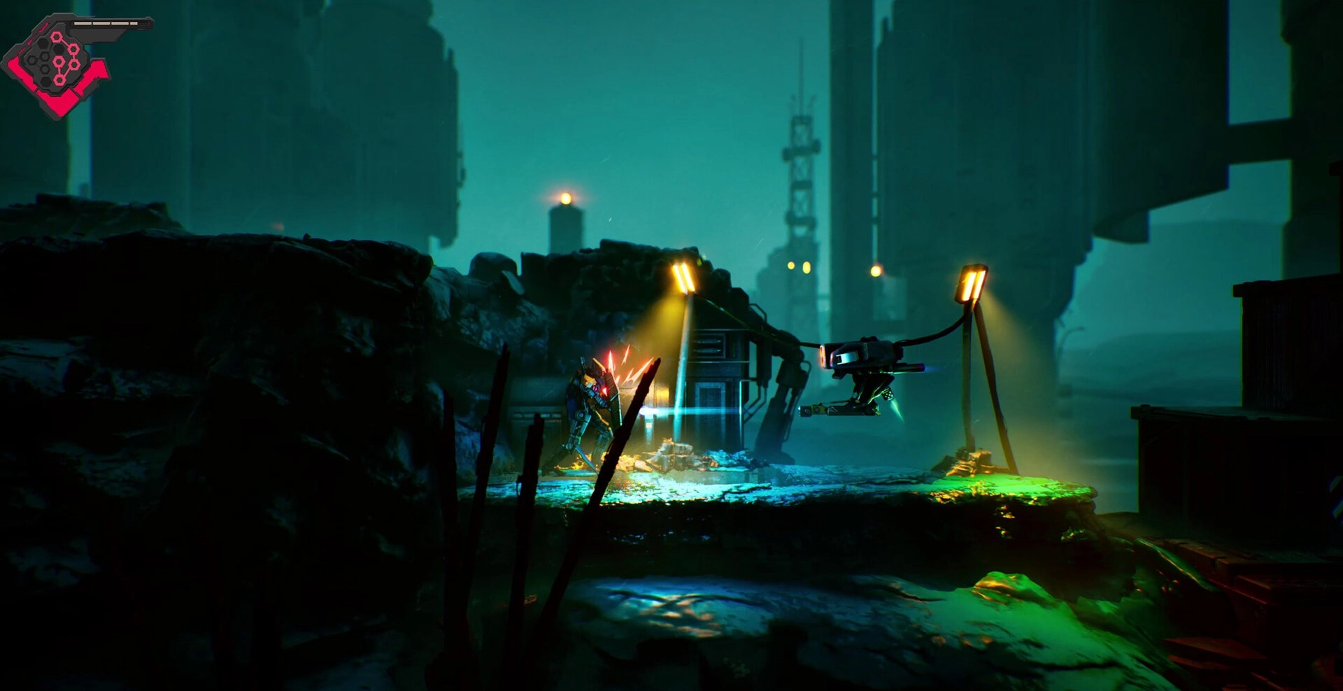 Rebel Core: Player battles robotic enemy in dimly lit industrial area with health bar in top left.