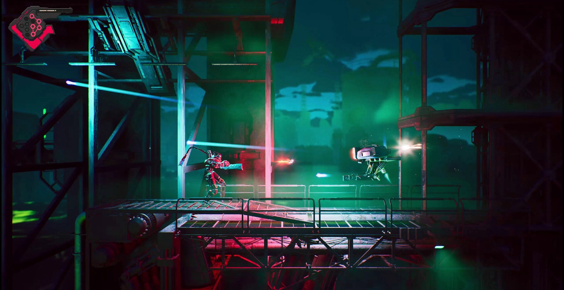 Rebel Core: Player robot shoots at enemy drone on industrial platform in dimly lit, futuristic setting.