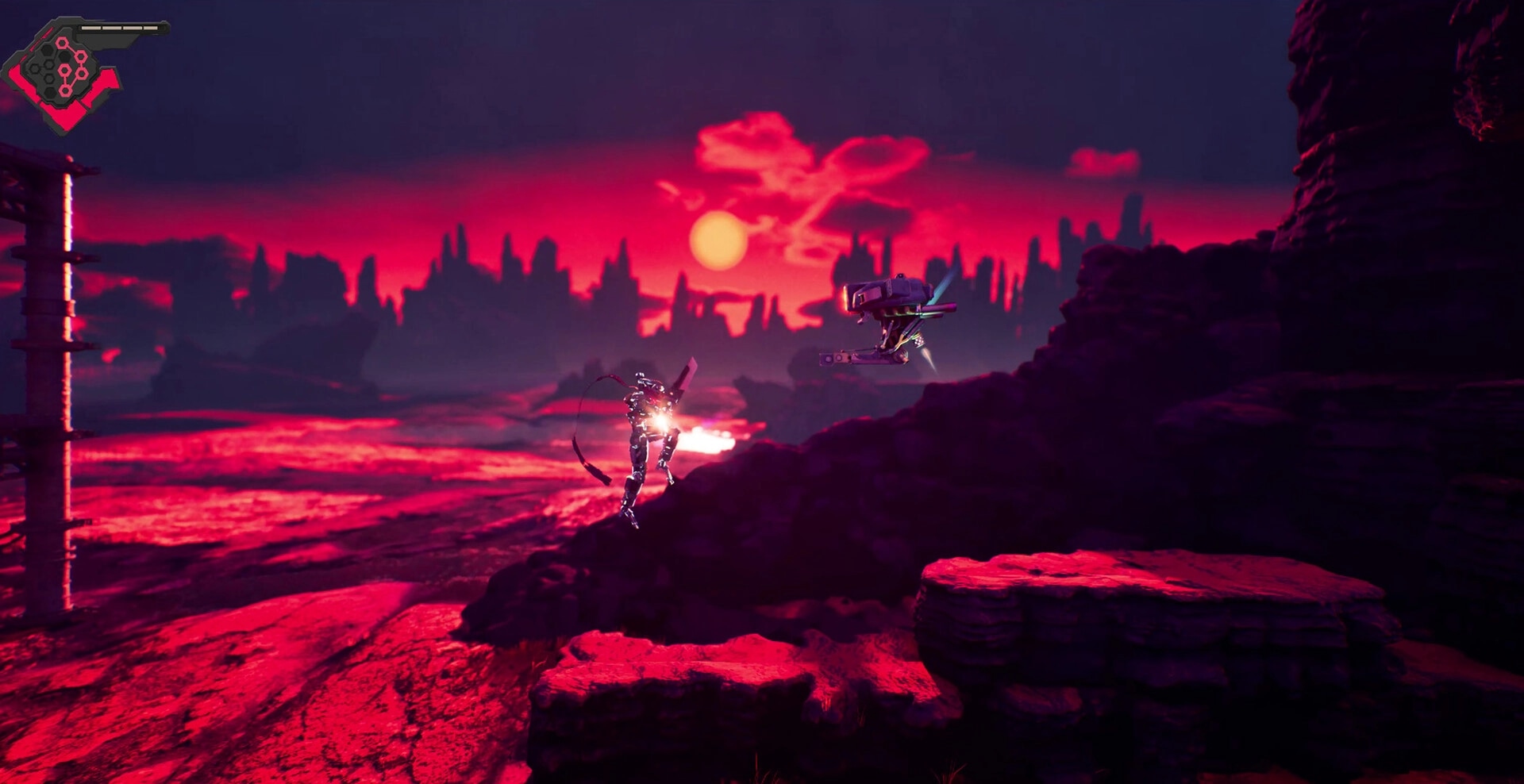 Rebel Core: Combat with drone in rocky terrain under red sky and sunset in alien landscape