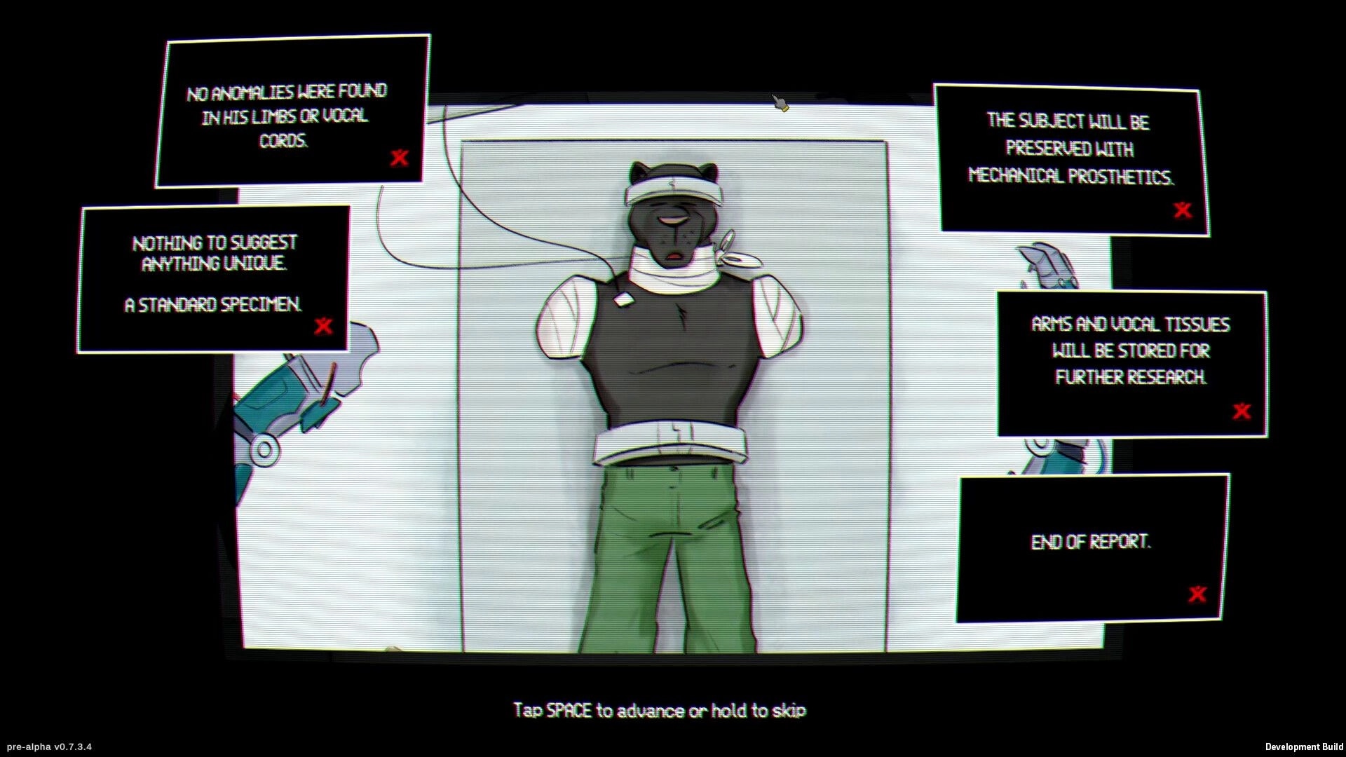 Rebel Roar: Lab report cutscene over bandaged bear on table, pop-up notes in sterile room.
