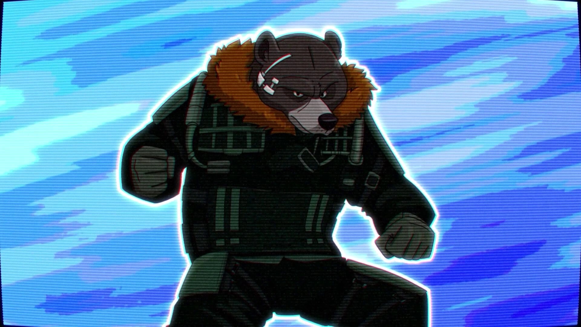 Rebel Roar: Armored bear-like rebel posing mid-stride against blue glitchy cyberpunk backdrop.
