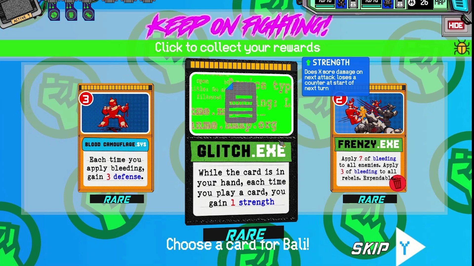 Rebel Roar: Reward card choice screen with three rare cards and Strength tooltip on neon UI backdrop.