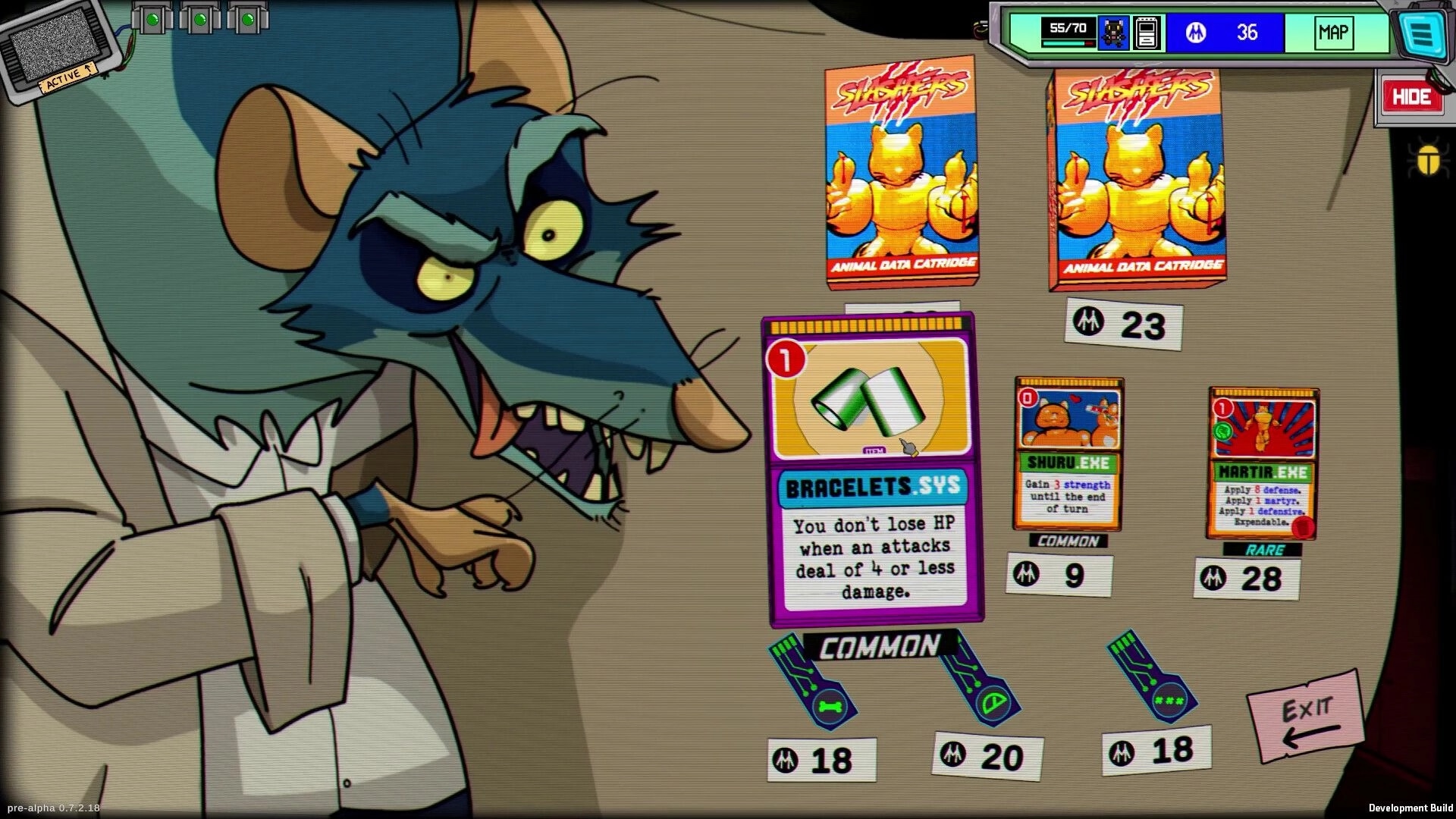 Rebel Roar: Rat vendor offers BRACELETS.SYS and skill cards in a neon shop card market UI.