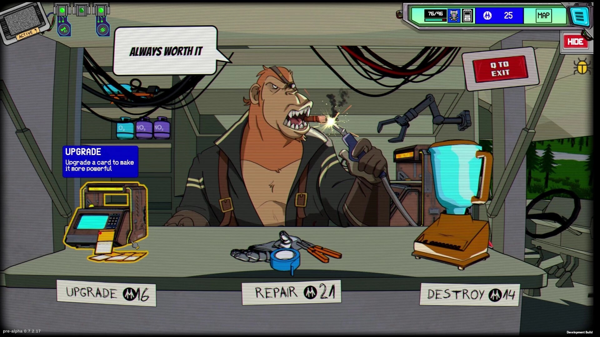 Rebel Roar: Upgrade shop UI as a gorilla welds at a workbench in a cluttered tech van interior.