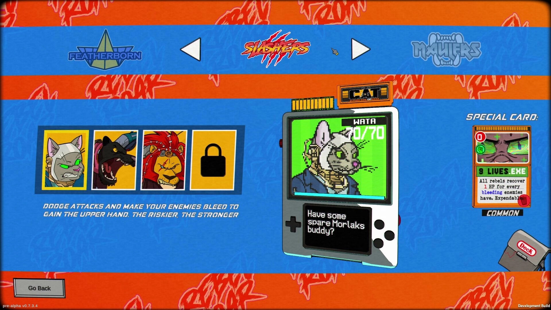 Rebel Roar: Class selection menu with rebel portraits, handheld dialogue panel, and special card info.