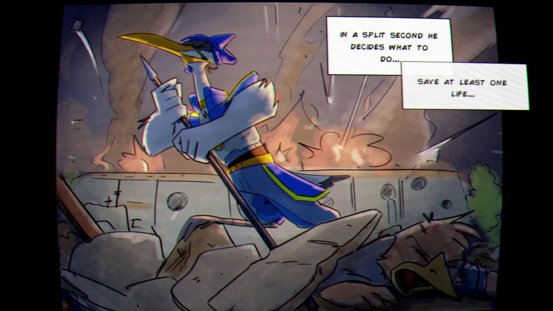 Rebel Roar: Comic cutscene of a blue bird warrior with spear amid wreckage and speech bubbles.