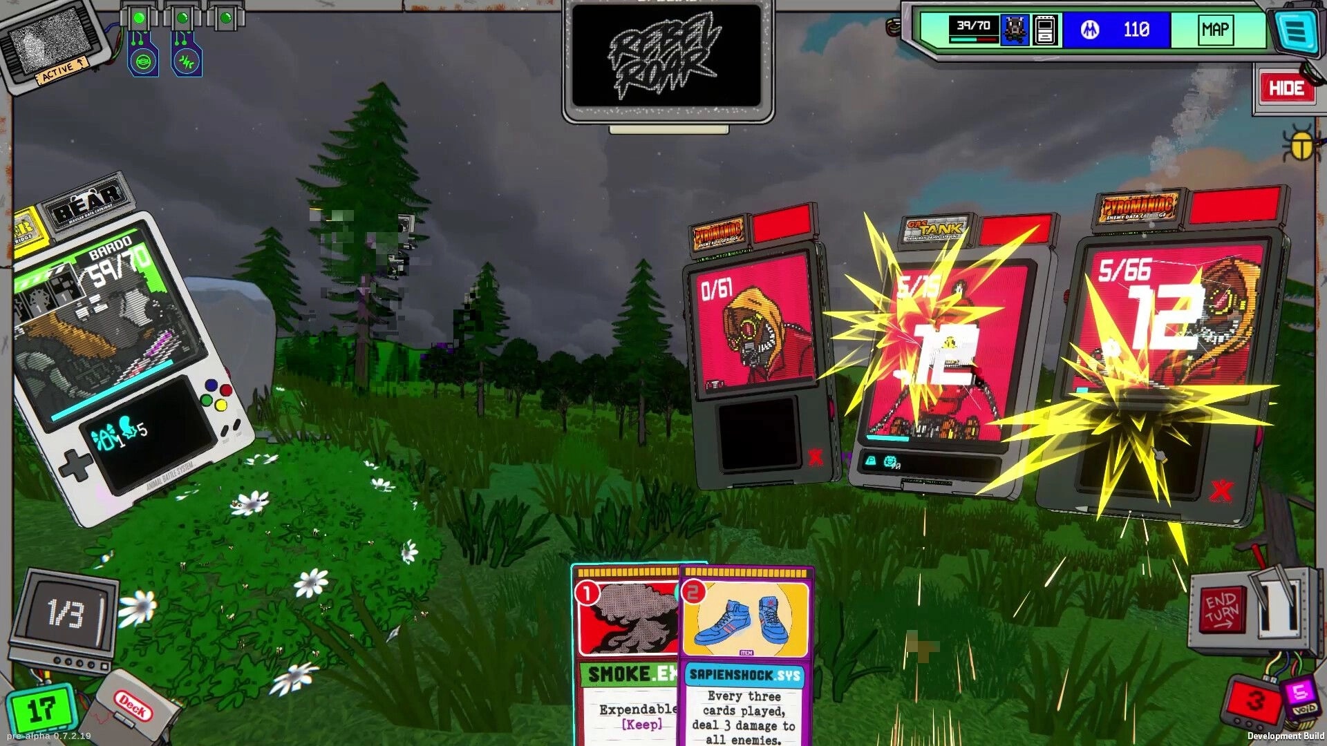 Rebel Roar: Card battle hits three hooded enemies for 12 damage in a stormy forest clearing UI.