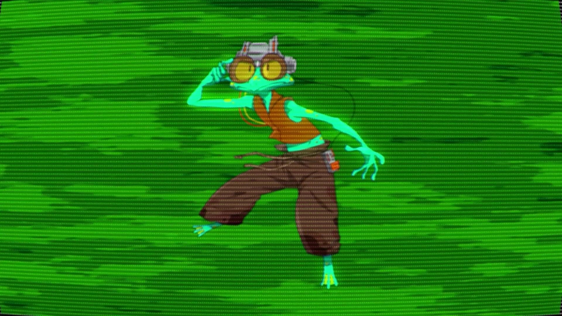 Rebel Roar: Frog rebel in goggles strikes a pose on a green CRT scanline background screen.