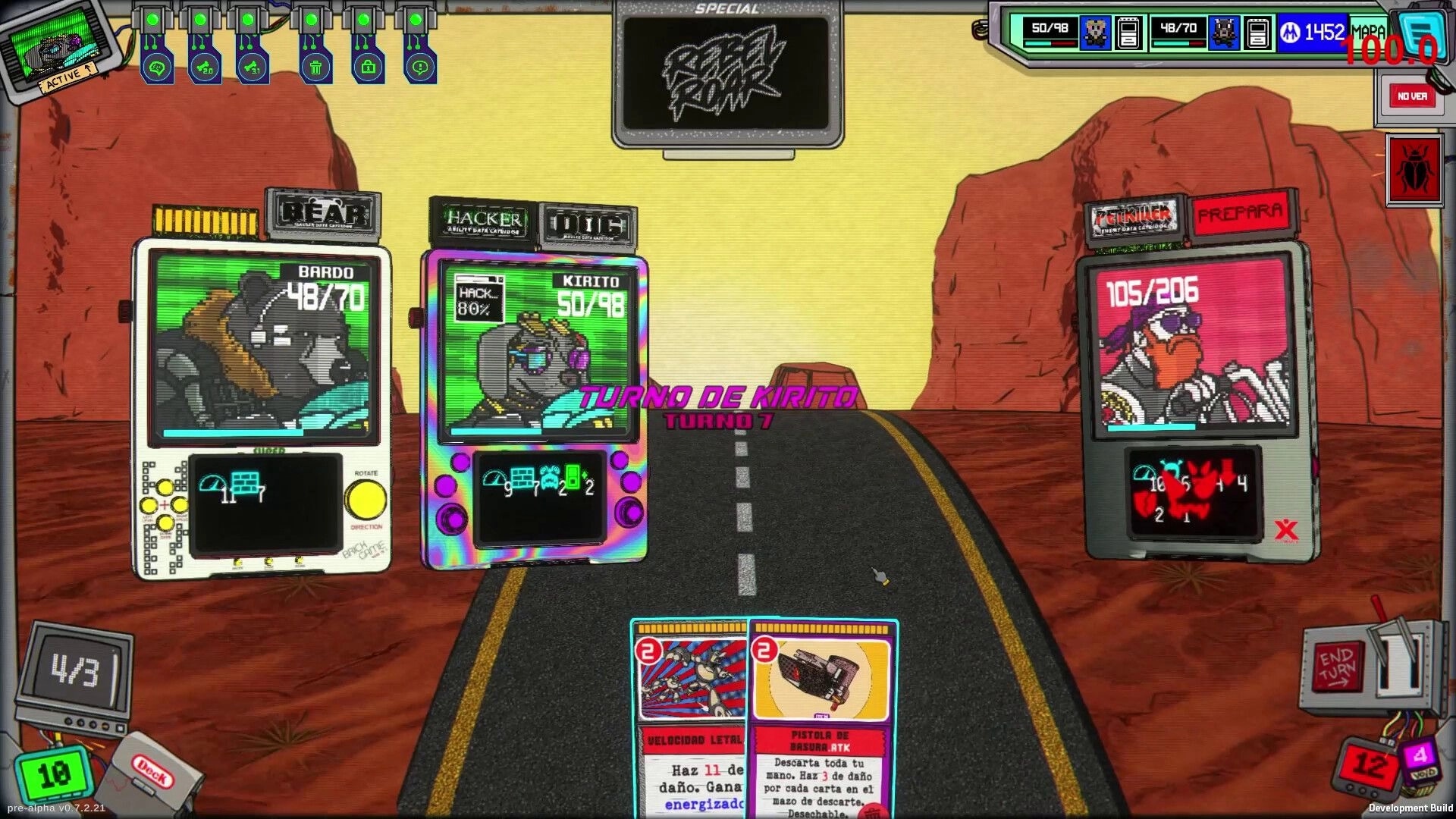 Rebel Roar: Turn-based card combat UI with Bardo and Kirito facing an enemy on desert road.