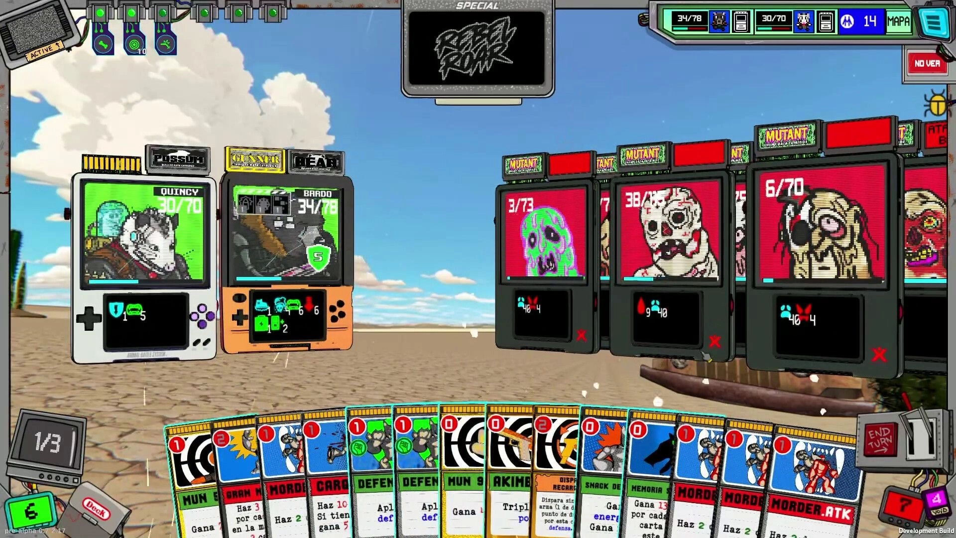 Rebel Roar: Turn-based card combat UI with Quincy and Bardo versus mutant enemies on a highway.