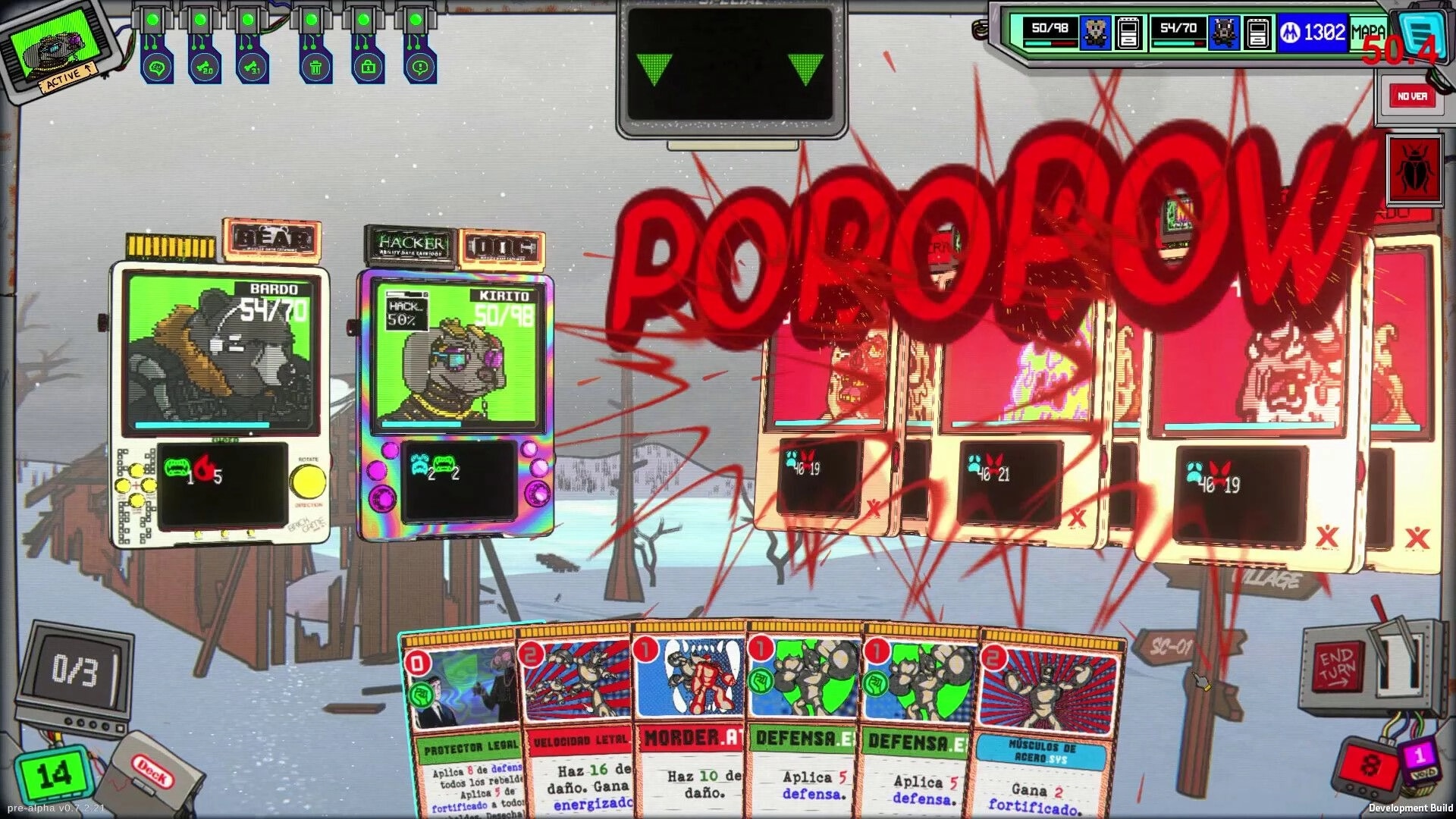 Rebel Roar: POPCOROV attack hits enemy card row, Bardo and Kirito stats up in snowy battlefield UI.