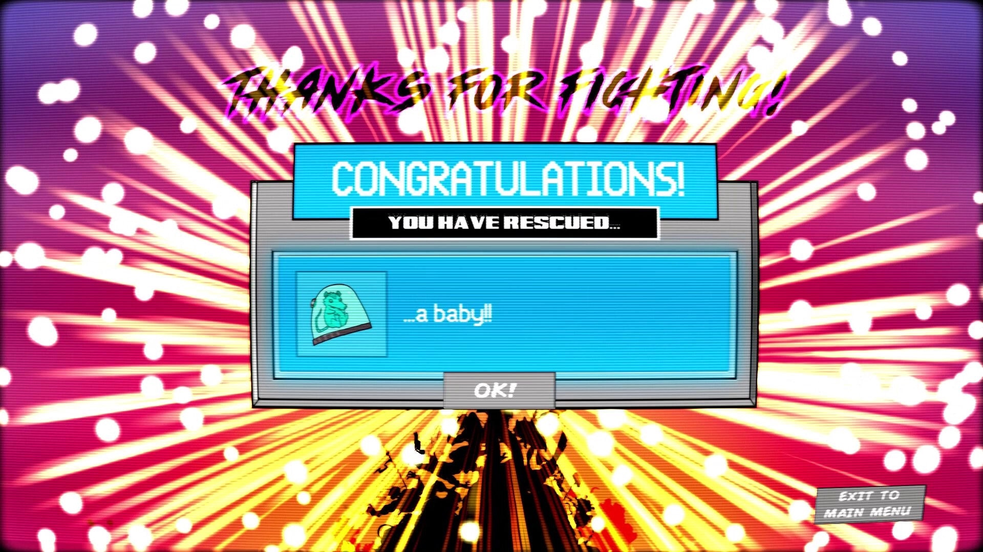 Rebel Roar: Victory pop-up says “Congratulations! You have rescued... a baby!” on burst backdrop.