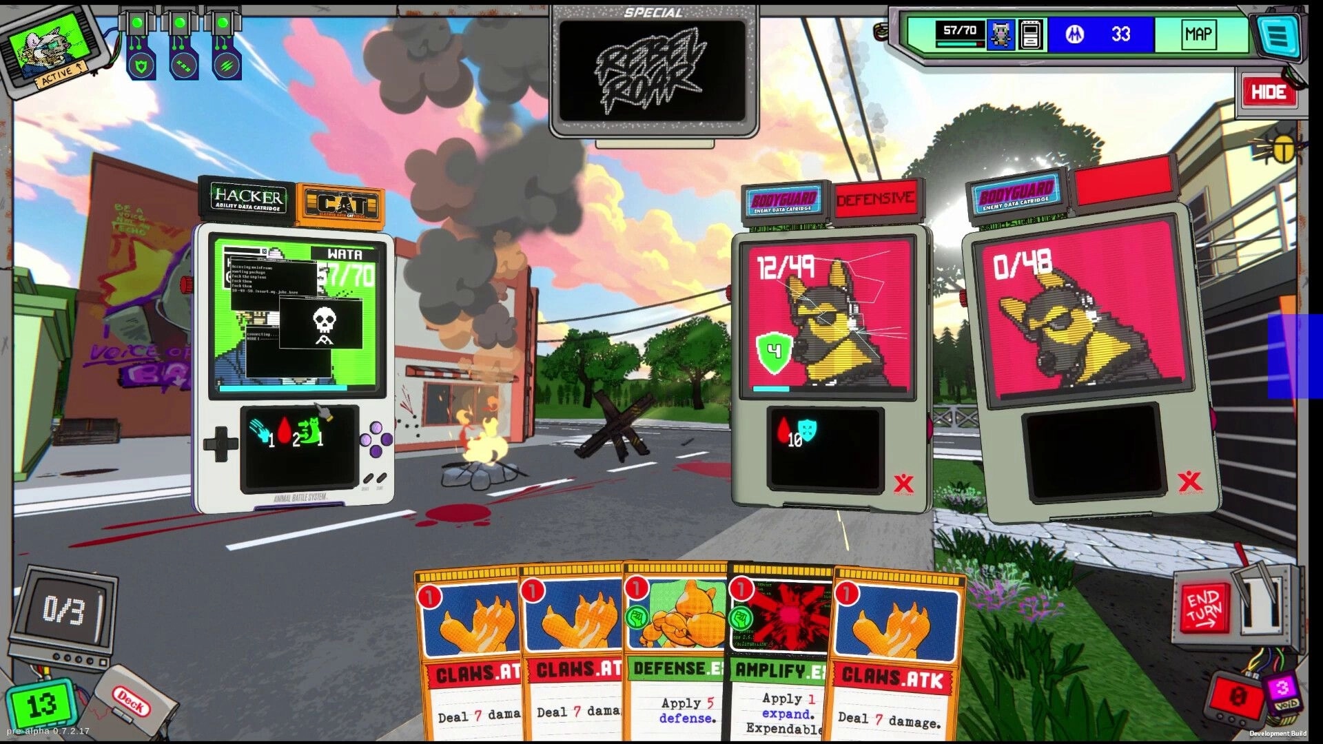 Rebel Roar: Card battle UI with hacker cat versus two bodyguards on a smoky city street scene.