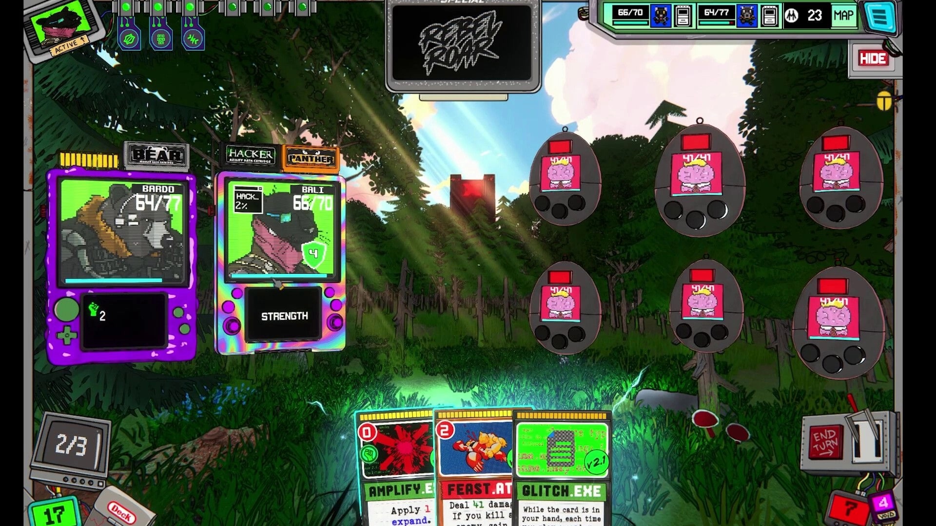 Rebel Roar: Card battle UI with Bardo and Bali vs six pod enemies in a sunlit forest clearing.