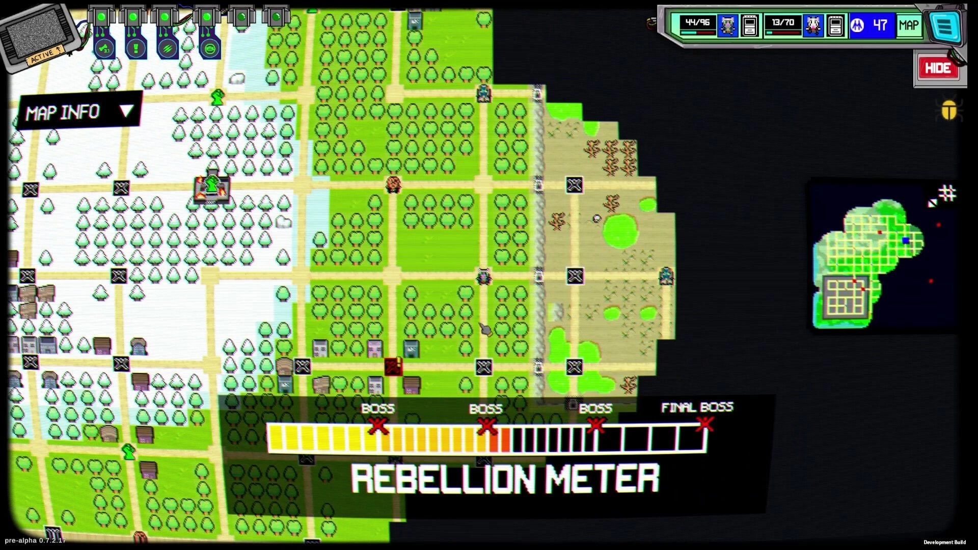 Rebel Roar: Overworld map view with forest tiles and Rebellion Meter progress bar at bottom UI.