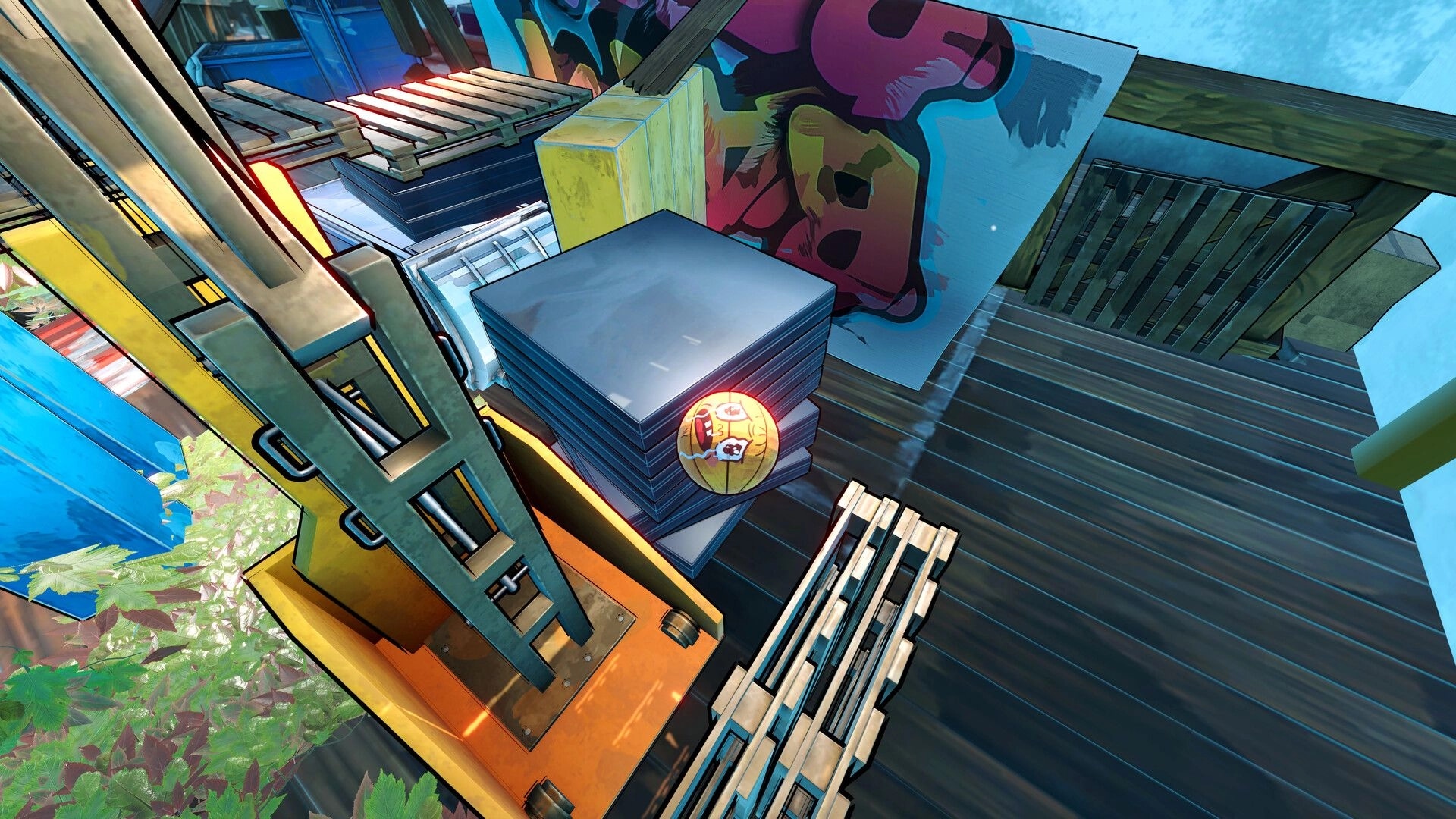 Rebounce: Basketball perched on stacked metal plates amid wooden pallets and graffiti wall wreckage.