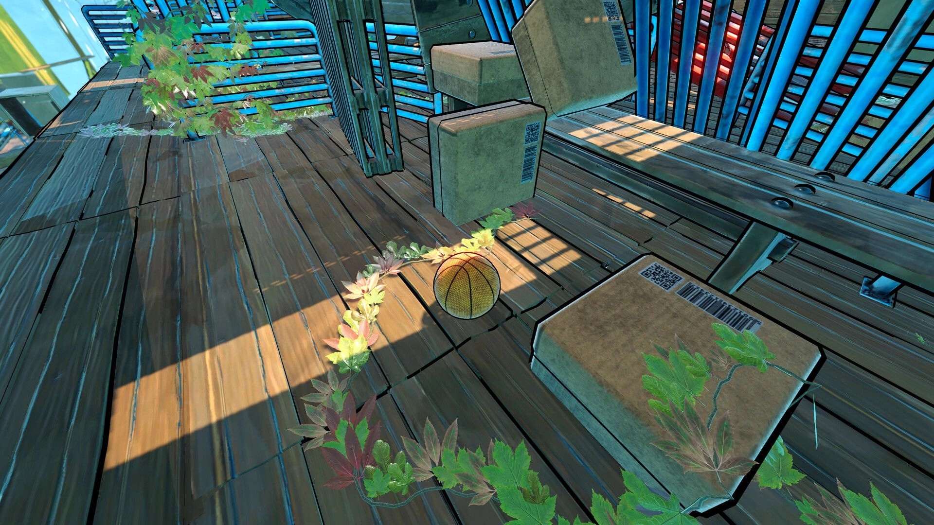 Rebounce: Basketball rolling past cardboard boxes on a wooden catwalk with blue railings and vines.