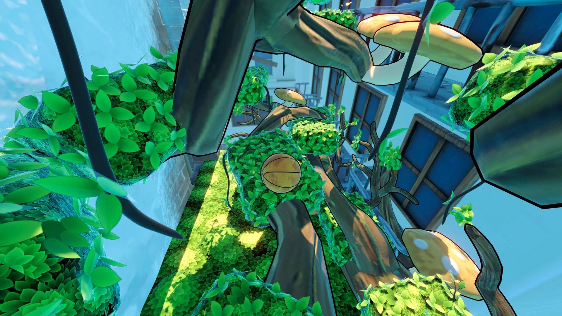 Rebounce: Basketball balanced on leafy vines and branches in a vertical courtyard with mushrooms overhead.