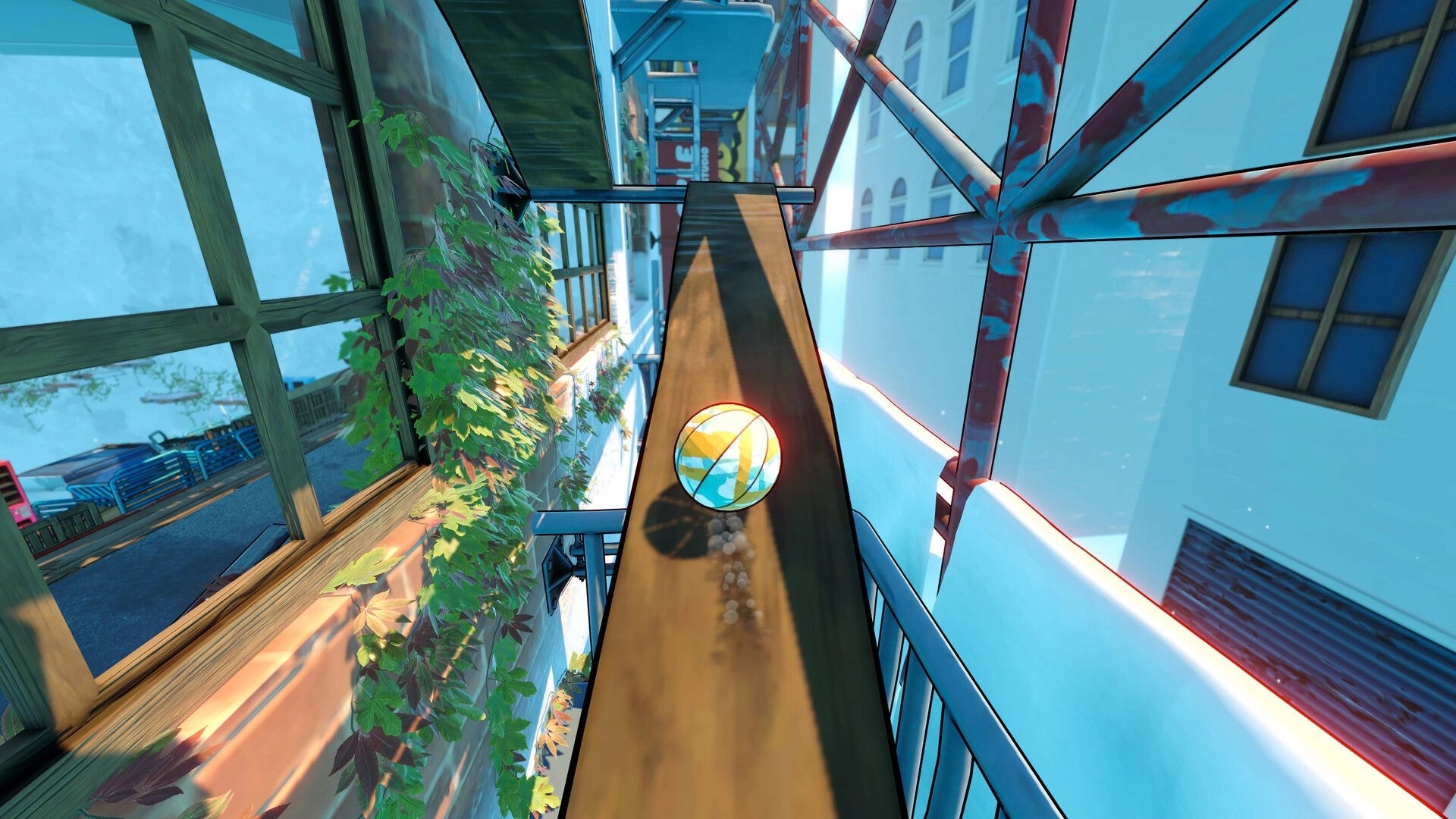 Rebounce: Colorful ball rolling along a narrow wooden beam between city buildings and metal scaffolds.