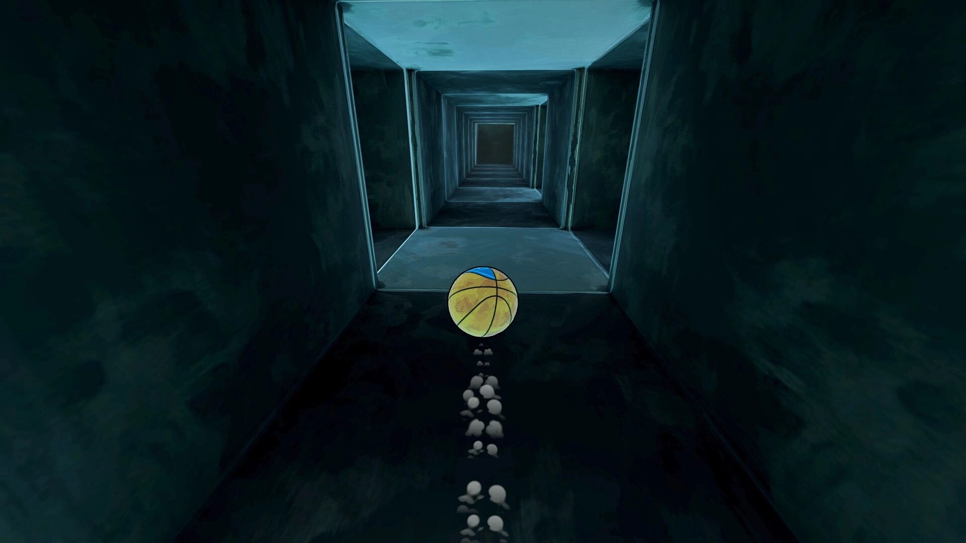 Rebounce: Basketball rolling forward leaving dust trail in a long dim metal ventilation tunnel corridor.