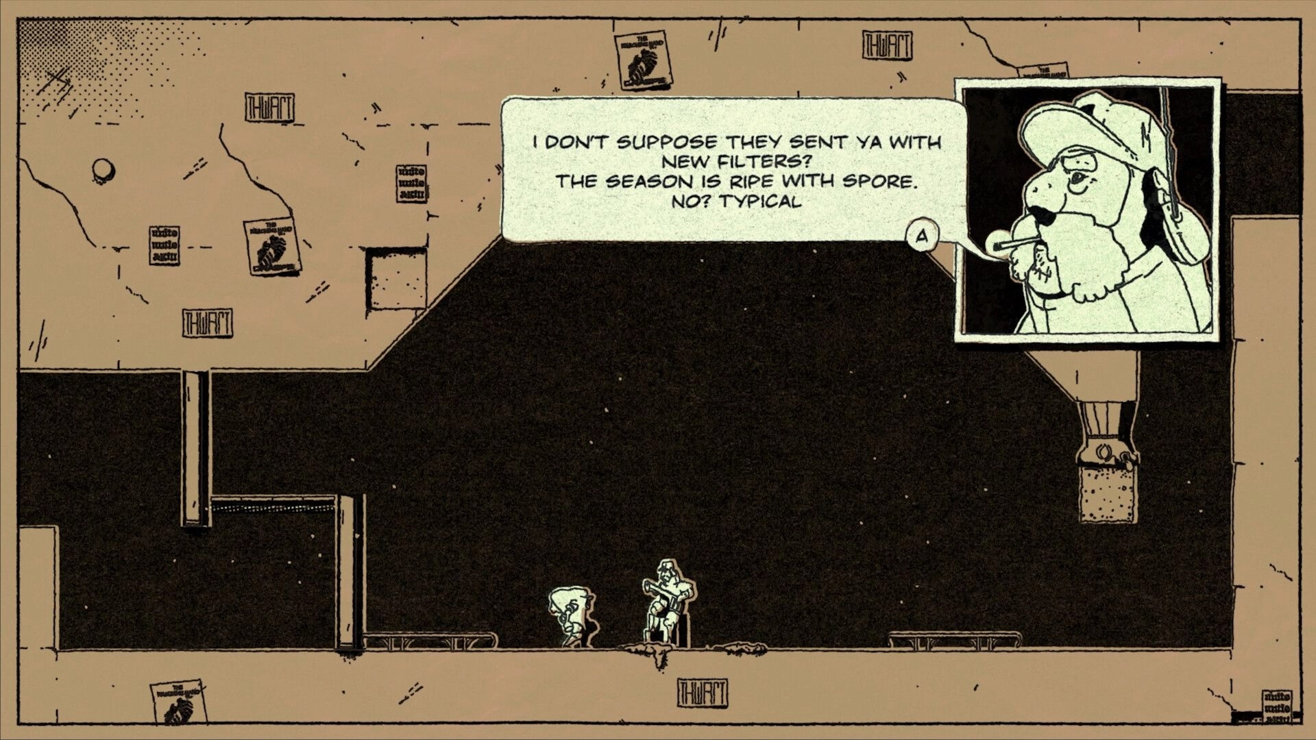 Rebounder: Dialogue with character in dark industrial setting, text bubble and character portrait visible.