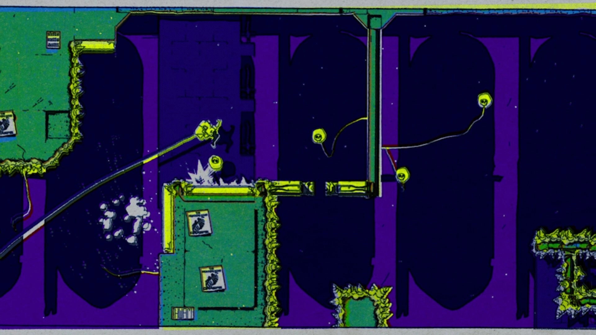 Rebounder: Player swings across platforms using grappling hooks in a vibrant, industrial worksite setting