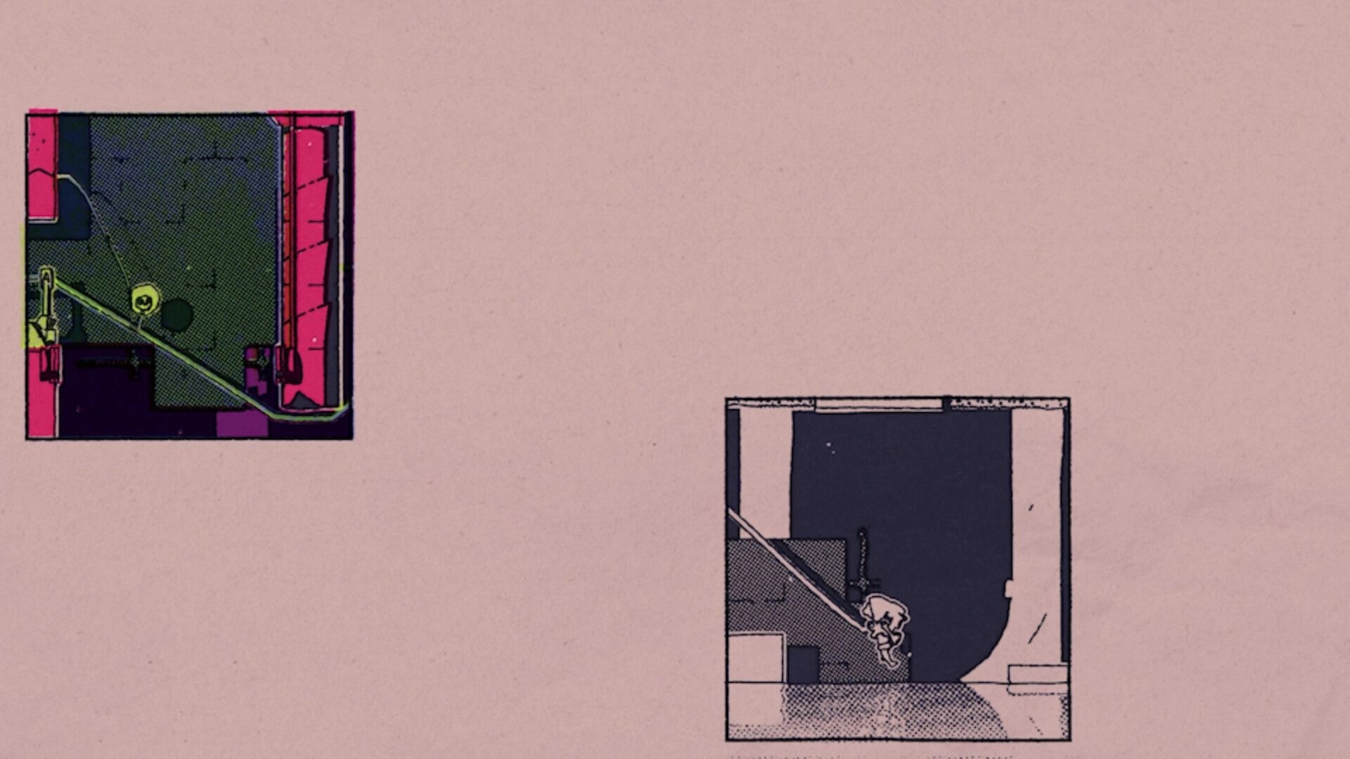 Rebounder: Character prepares sling in two-panel ink art environment with distinct color contrast