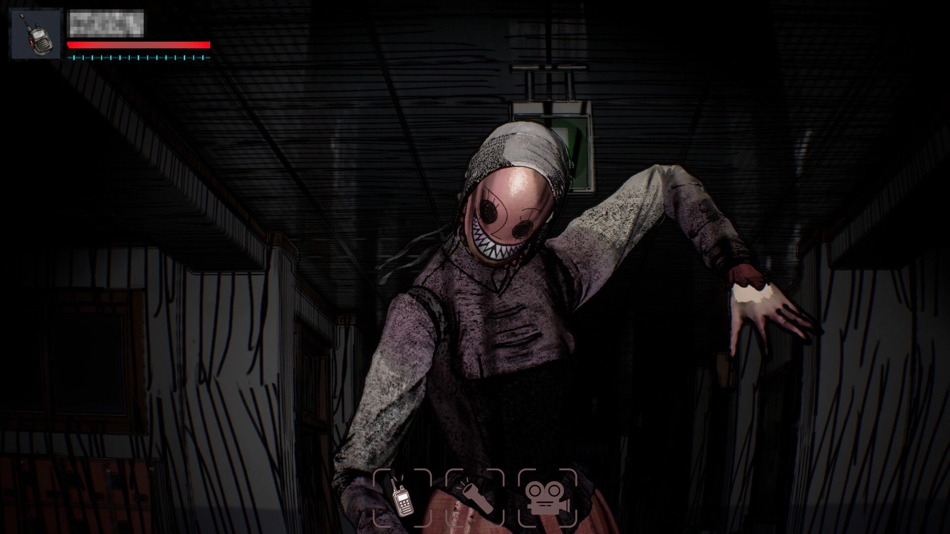 Recall News: Masked figure lurks in dark hallway, health bar and tool icons visible on screen.