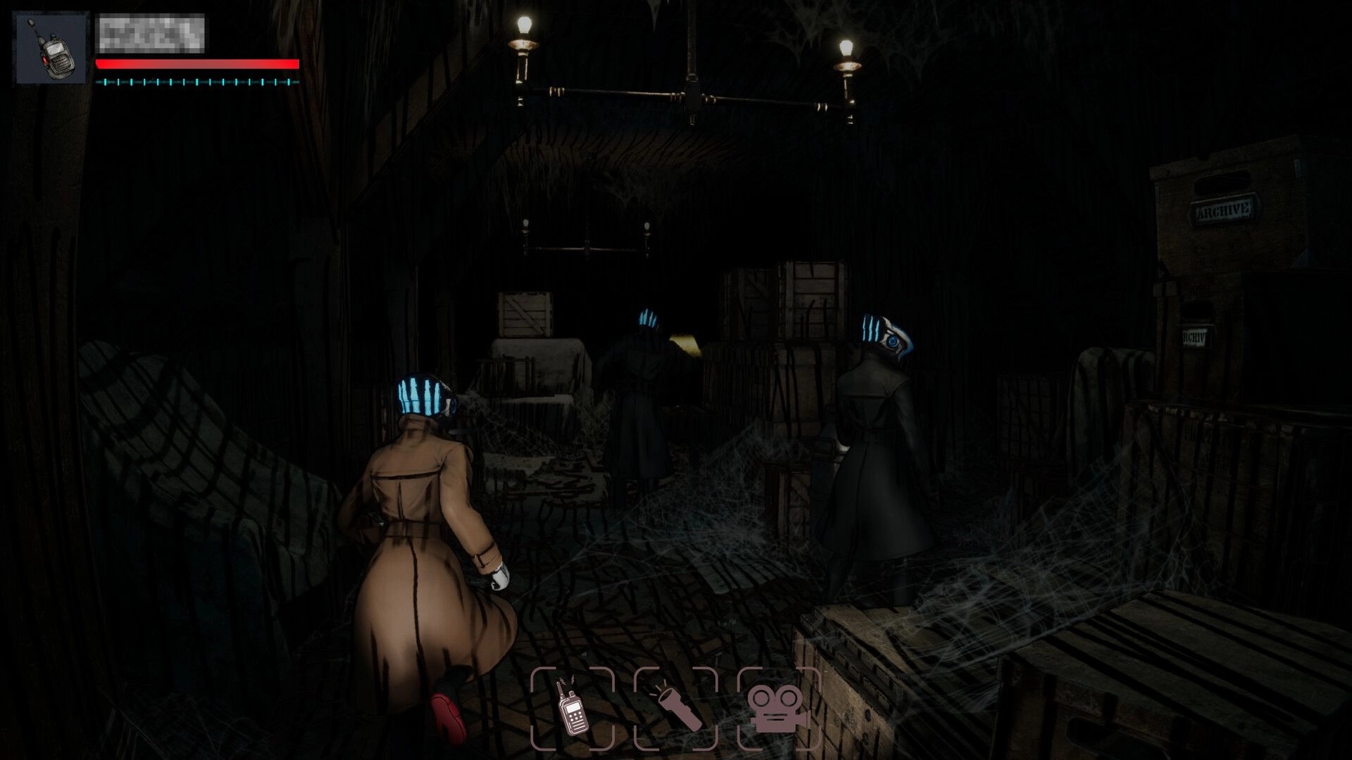 Recall News: Three players explore a dimly lit, cobwebbed attic with crates and a visible health bar UI.