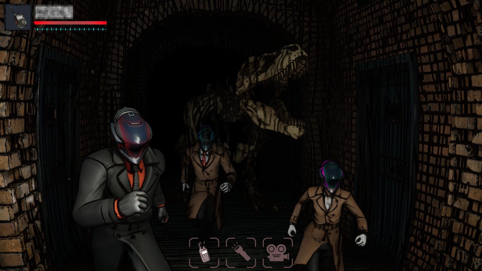 Recall News: Three masked characters sprint through a dark tunnel pursued by a large skeletal dinosaur