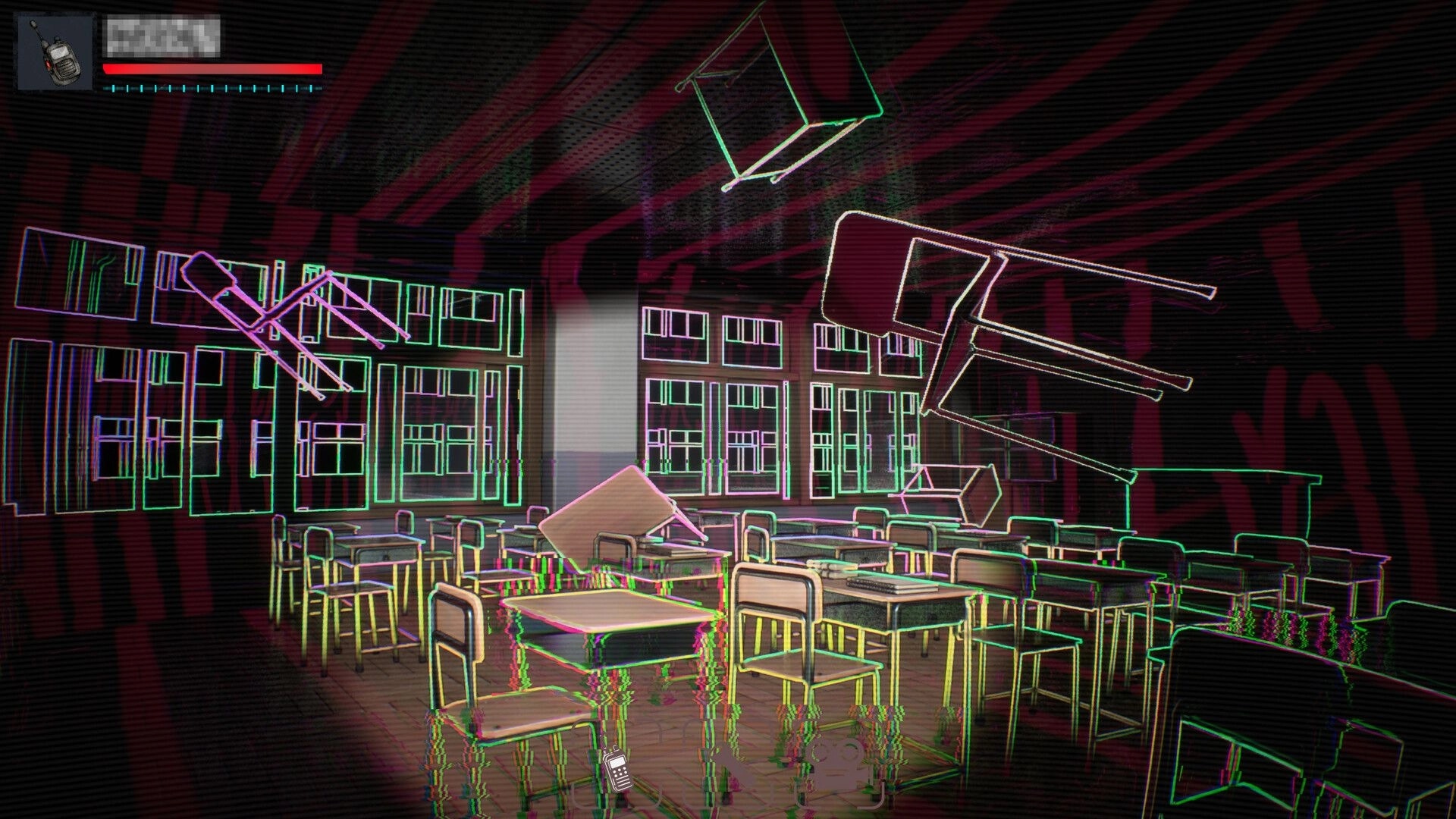Recall News: Neon-outlined classroom with floating desks, chairs, and a walkie-talkie in a haunted zone.