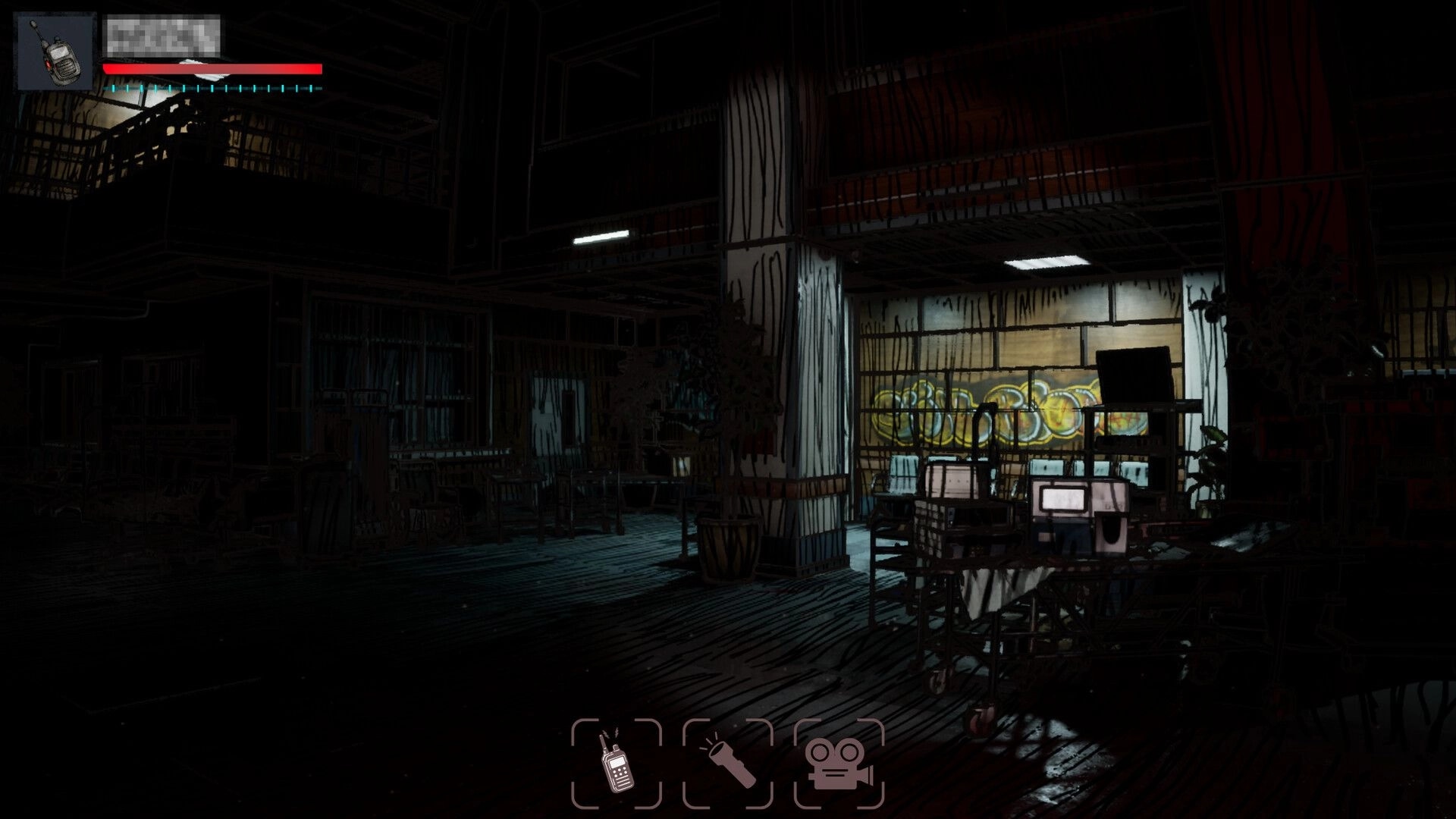 Recall News: Dark abandoned library with graffiti, health bar visible, and flashlight icon on screen
