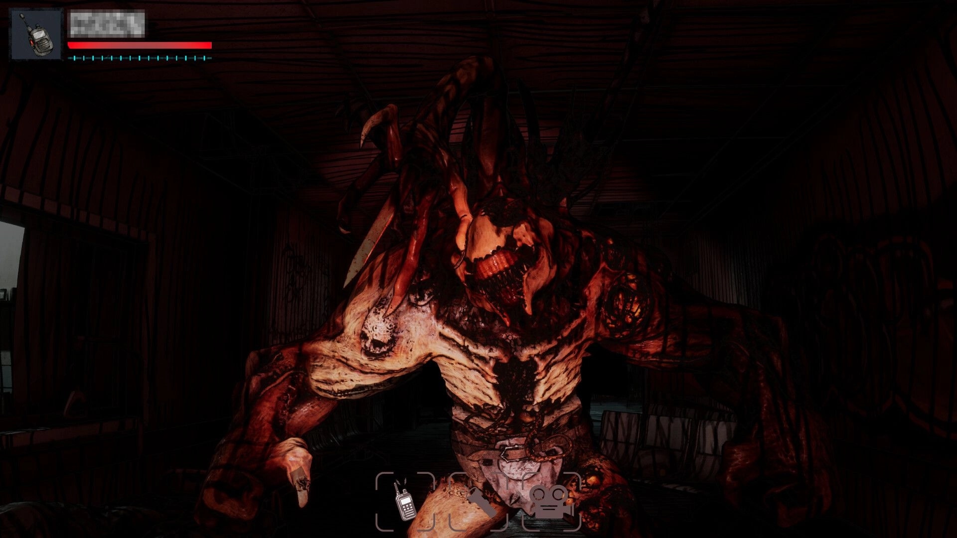 Recall News: Giant monster encounter in dark room with health bar and inventory icons on screen