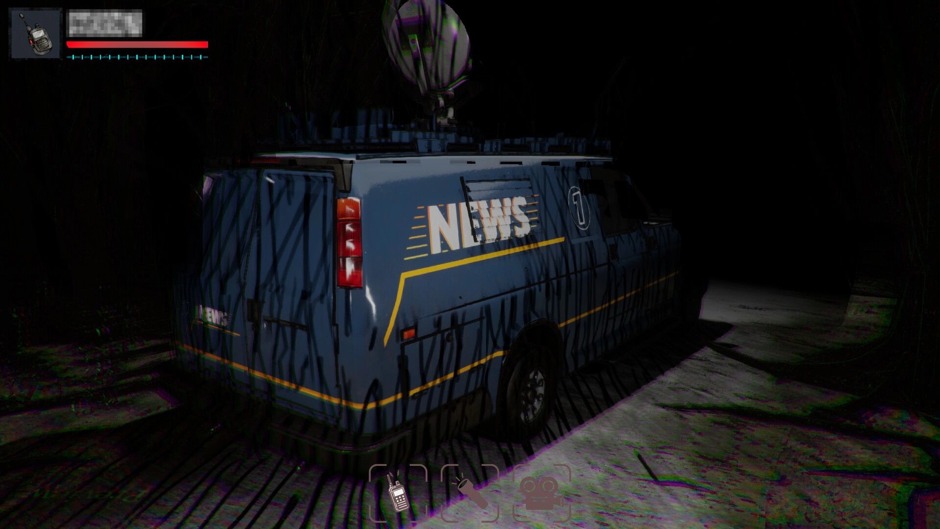 Recall News: Abandoned news van in a dark forest with player health and inventory icons visible