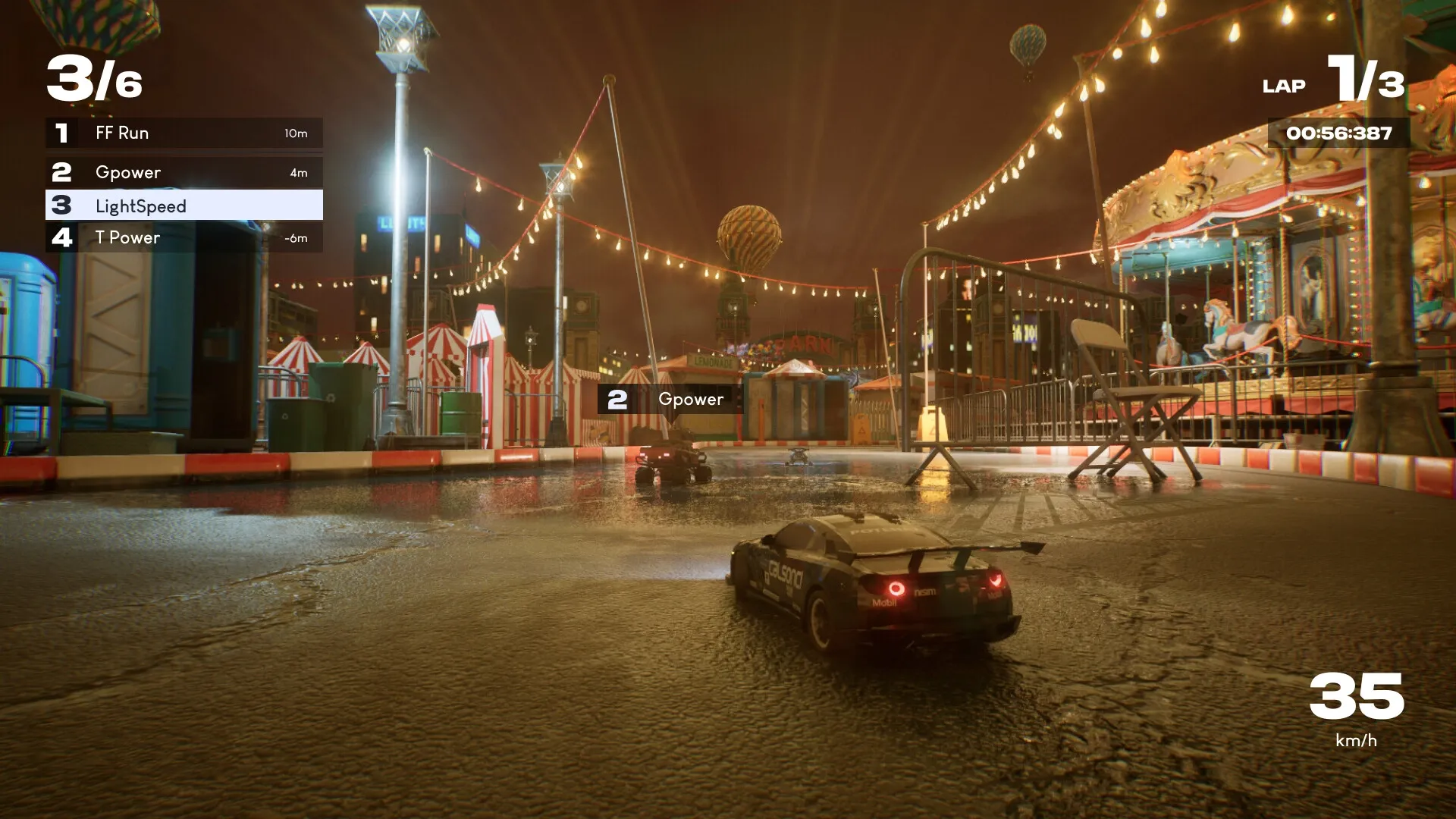 Recharge: RC cars racing on a wet carnival track with leaderboard and speedometer UI elements visible