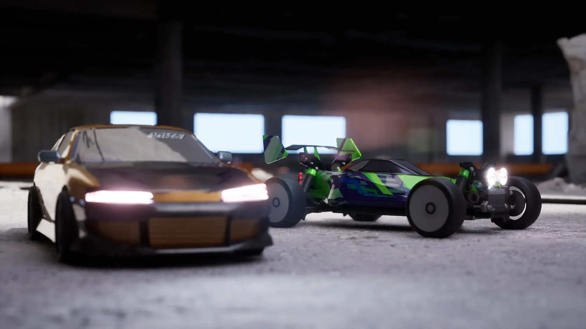 Recharge: Two RC cars racing through an abandoned warehouse with sunlight streaming through windows.