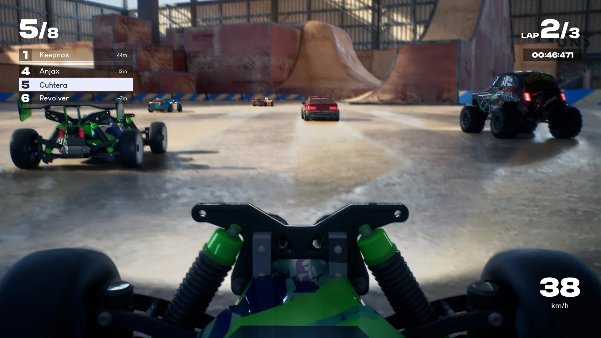 Recharge: First-person RC racing view in warehouse track with speed and lap UI elements visible