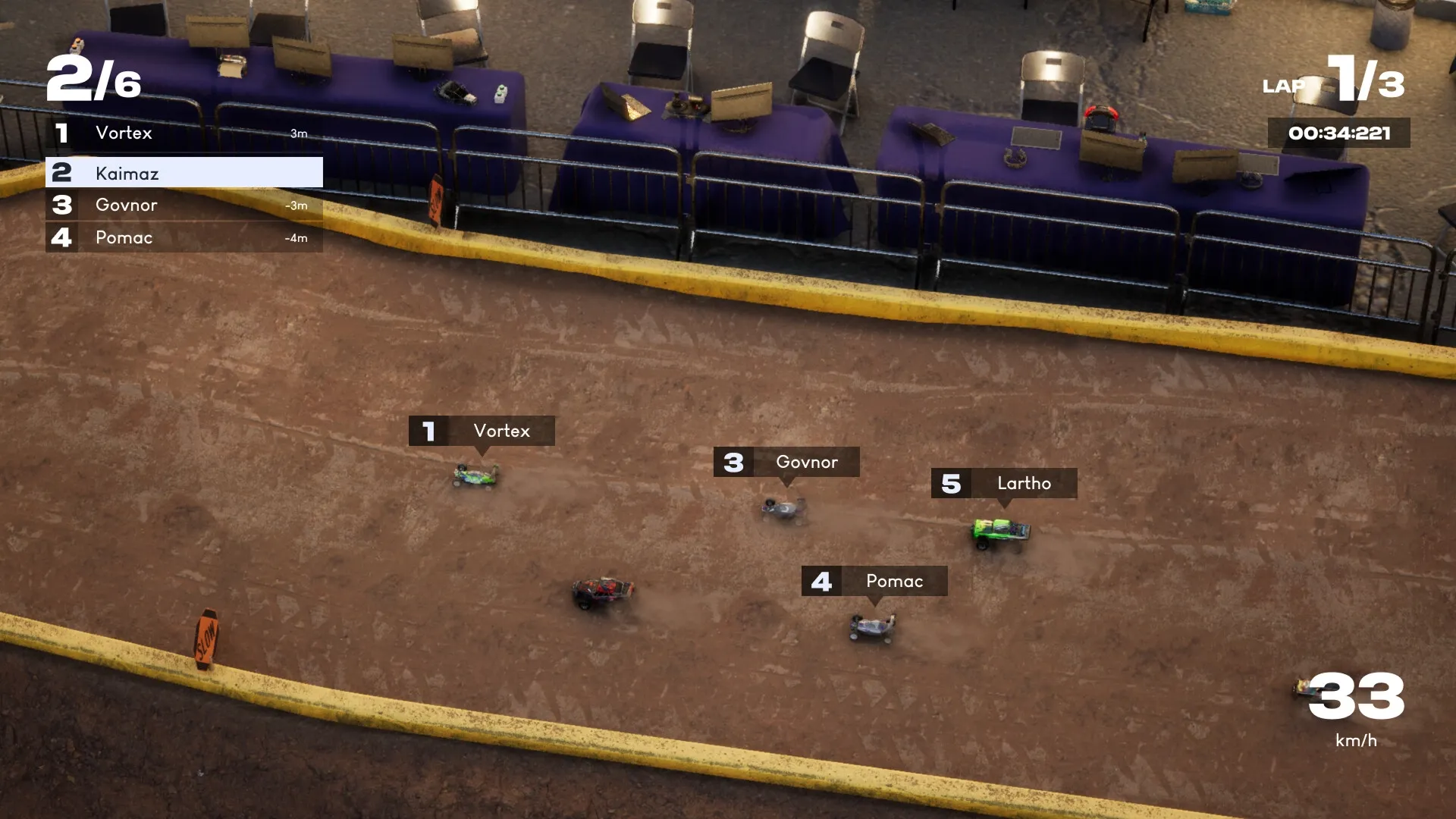 Recharge: RC cars racing on a dirt track with leaderboard and speed displayed in top-down view.