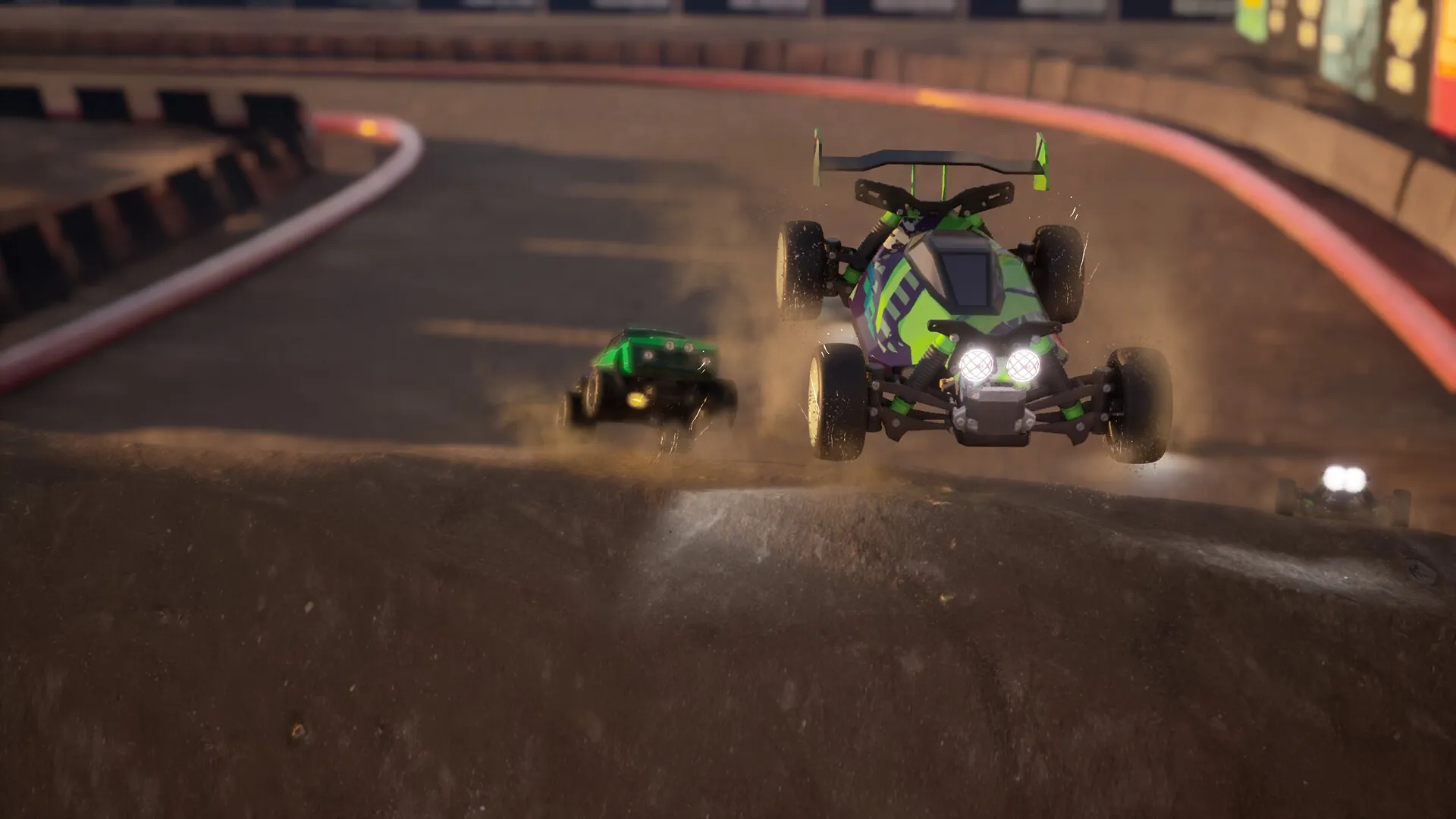 Recharge: Two RC cars airborne on a dirt track, kicking up dust, with a blurred background stadium.