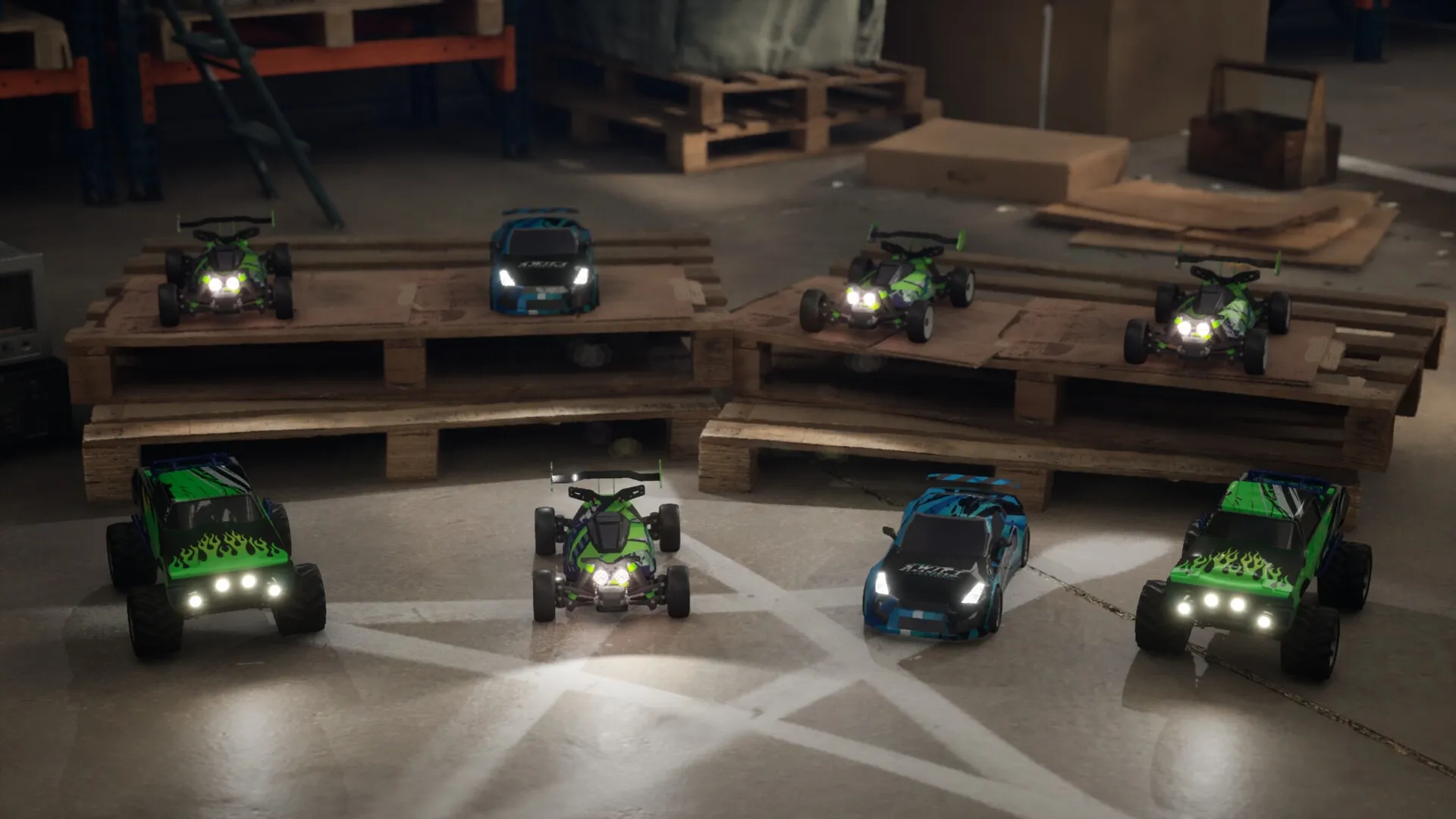 Recharge: RC cars with headlights on wooden pallets in a warehouse setting