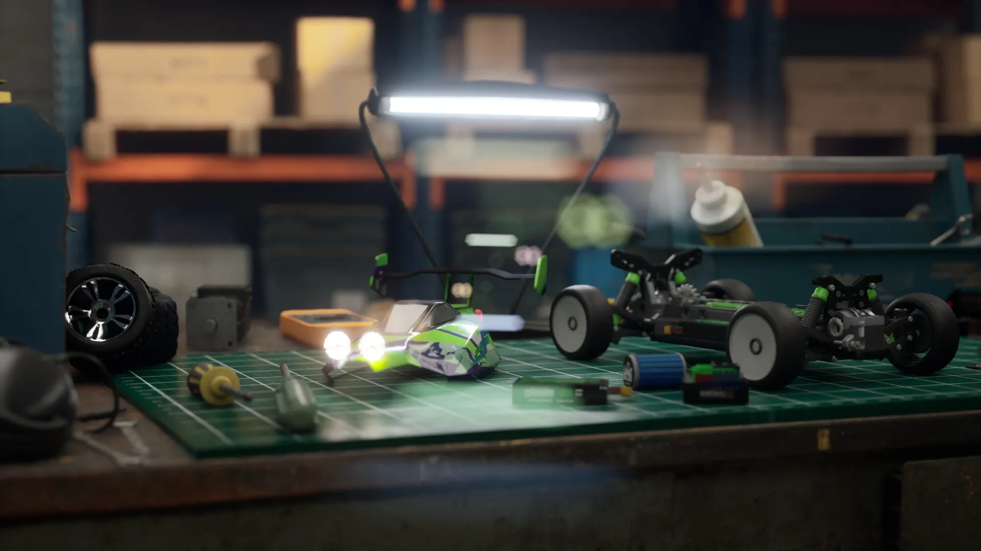 Recharge: RC car assembly on workbench with tools and parts in dimly lit garage setting