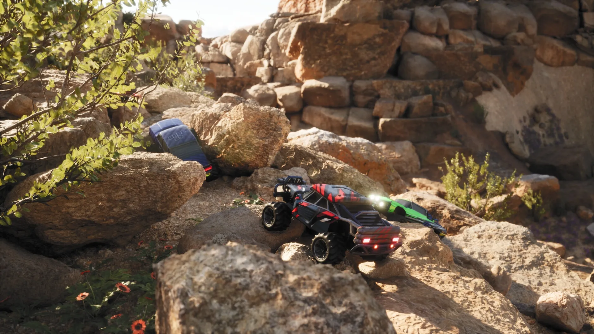 Recharge: RC cars navigate rocky terrain in a realistic desert setting with detailed natural elements