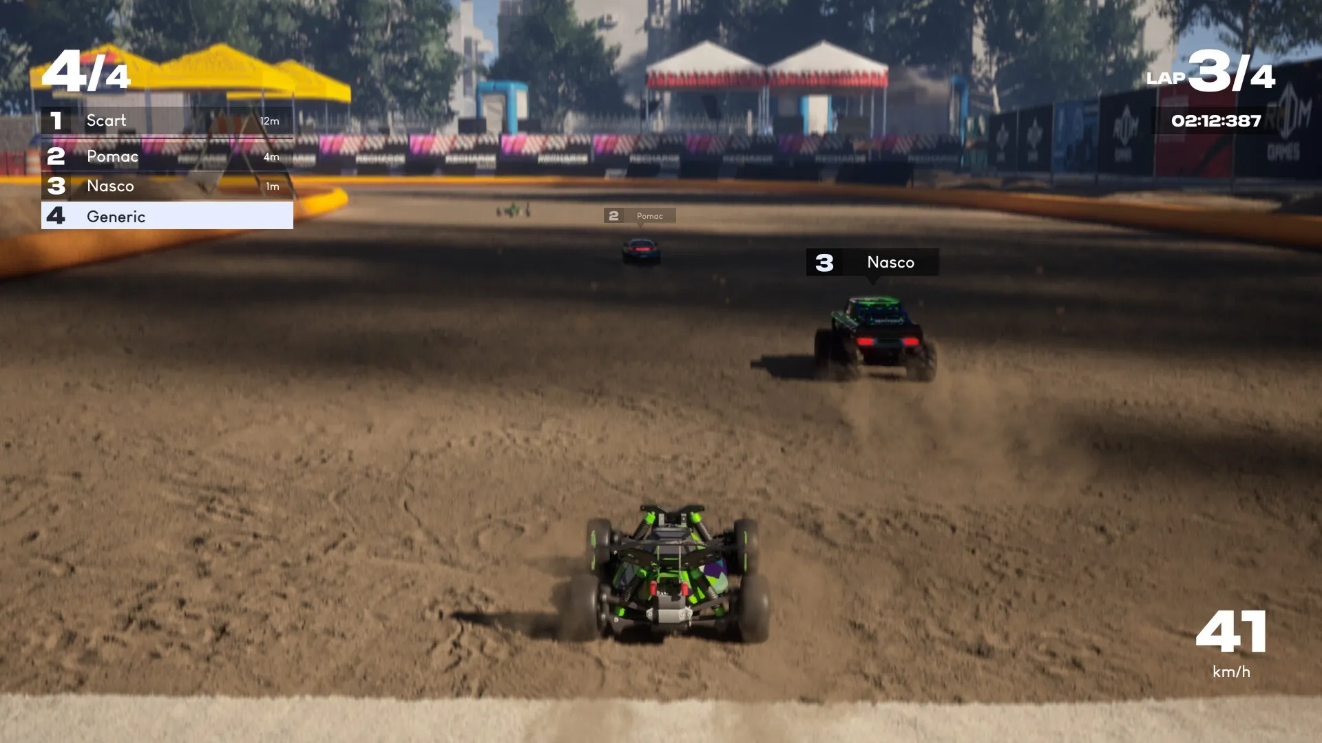 Recharge: RC cars race on a dirt track with leaderboard and lap time displayed on the screen