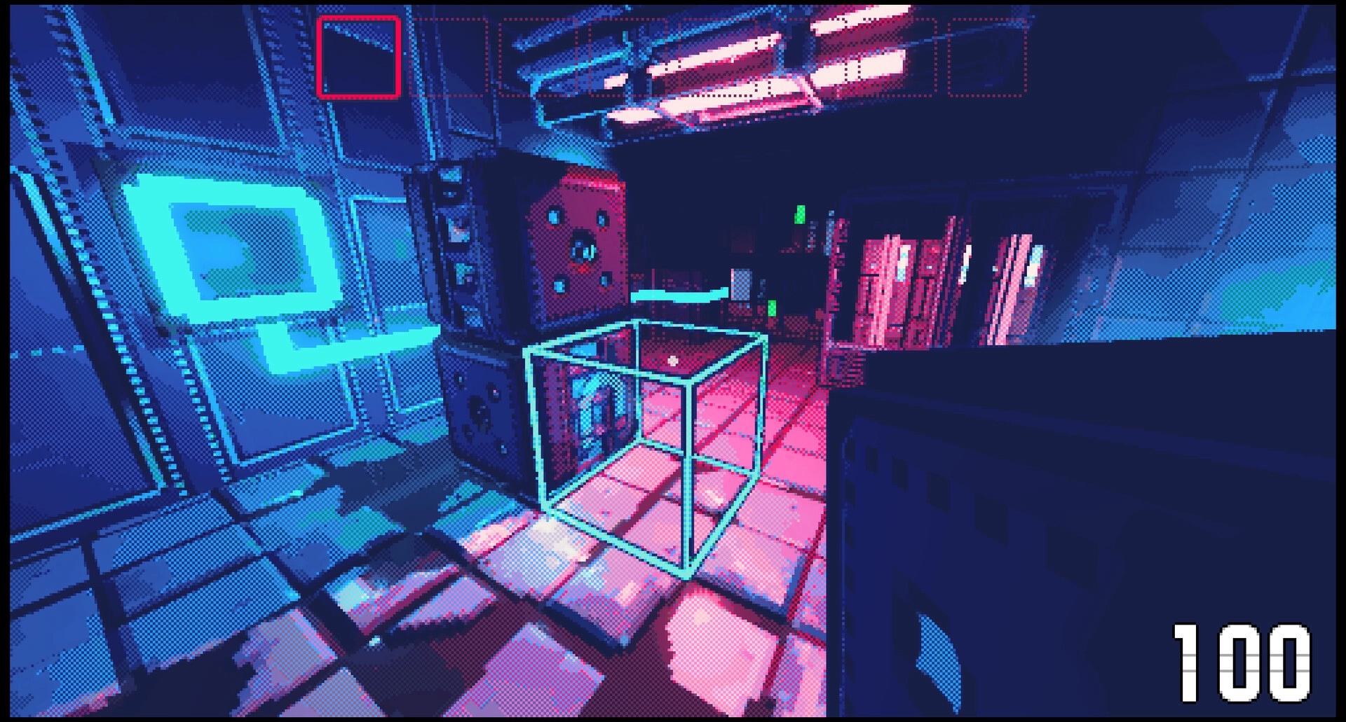 Reconfigure: First-person view aiming at a glowing wireframe cube puzzle in a neon-lit ship room.