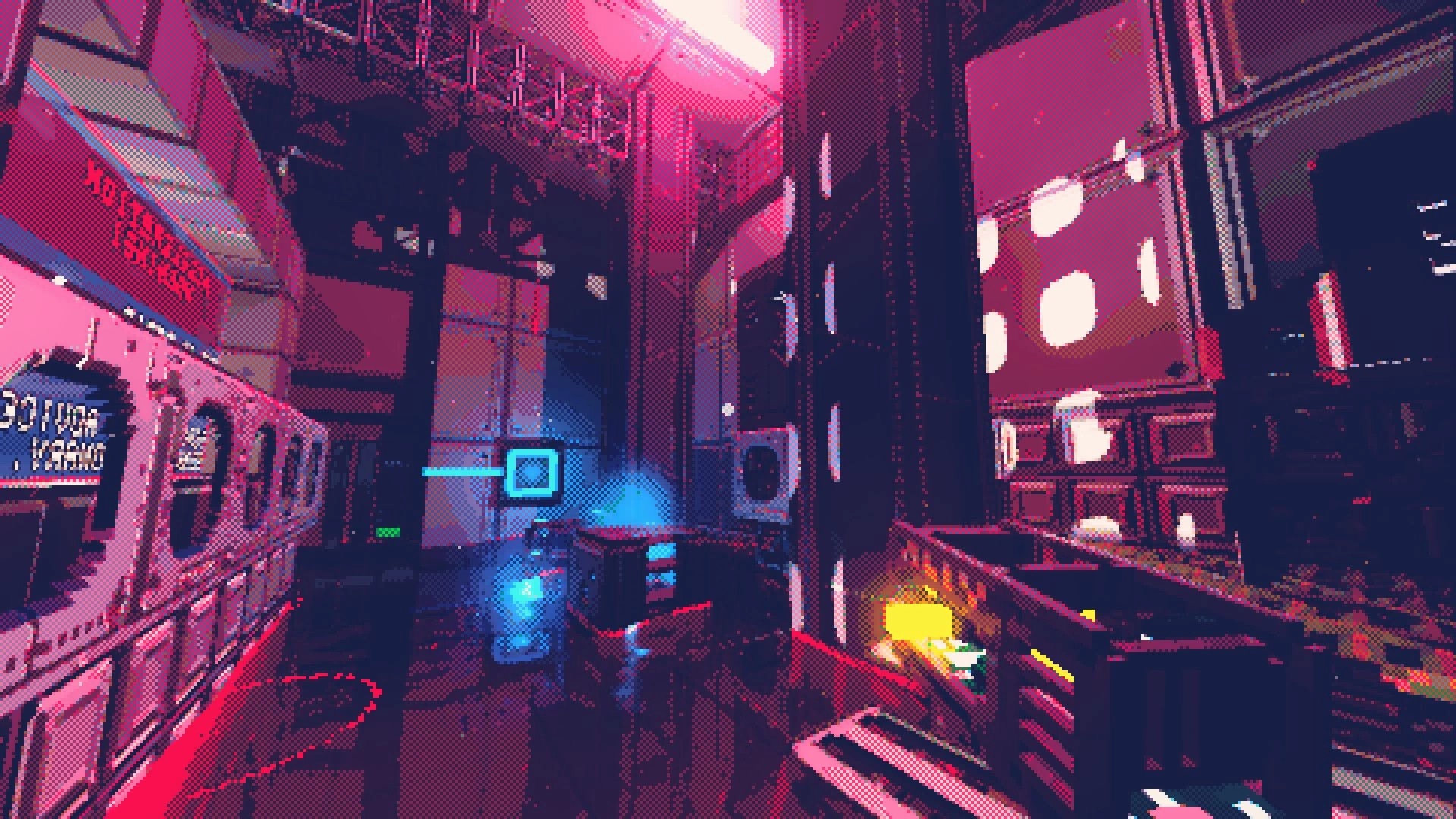 Reconfigure: First-person view aiming at a glowing blue block puzzle in a neon-lit starship corridor.