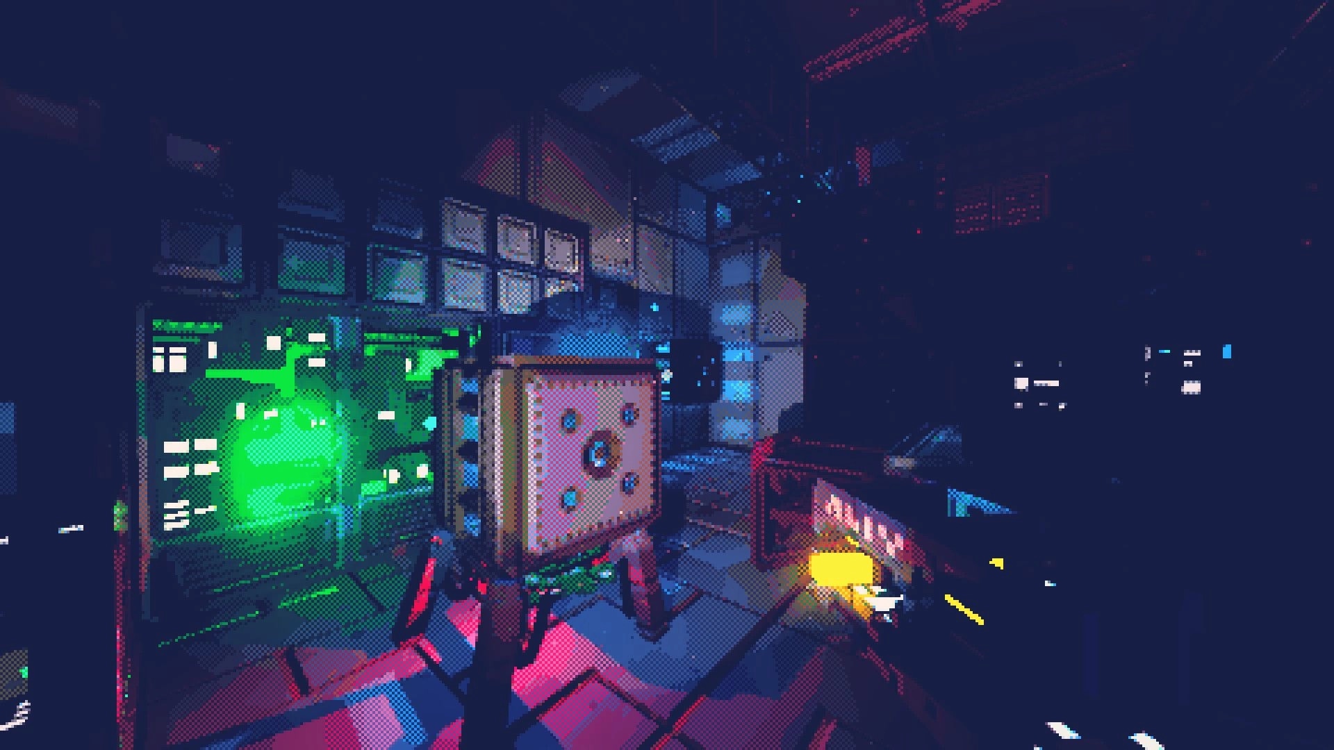Reconfigure: Aiming at a cube-like robot near glowing green console inside a dark starship corridor.
