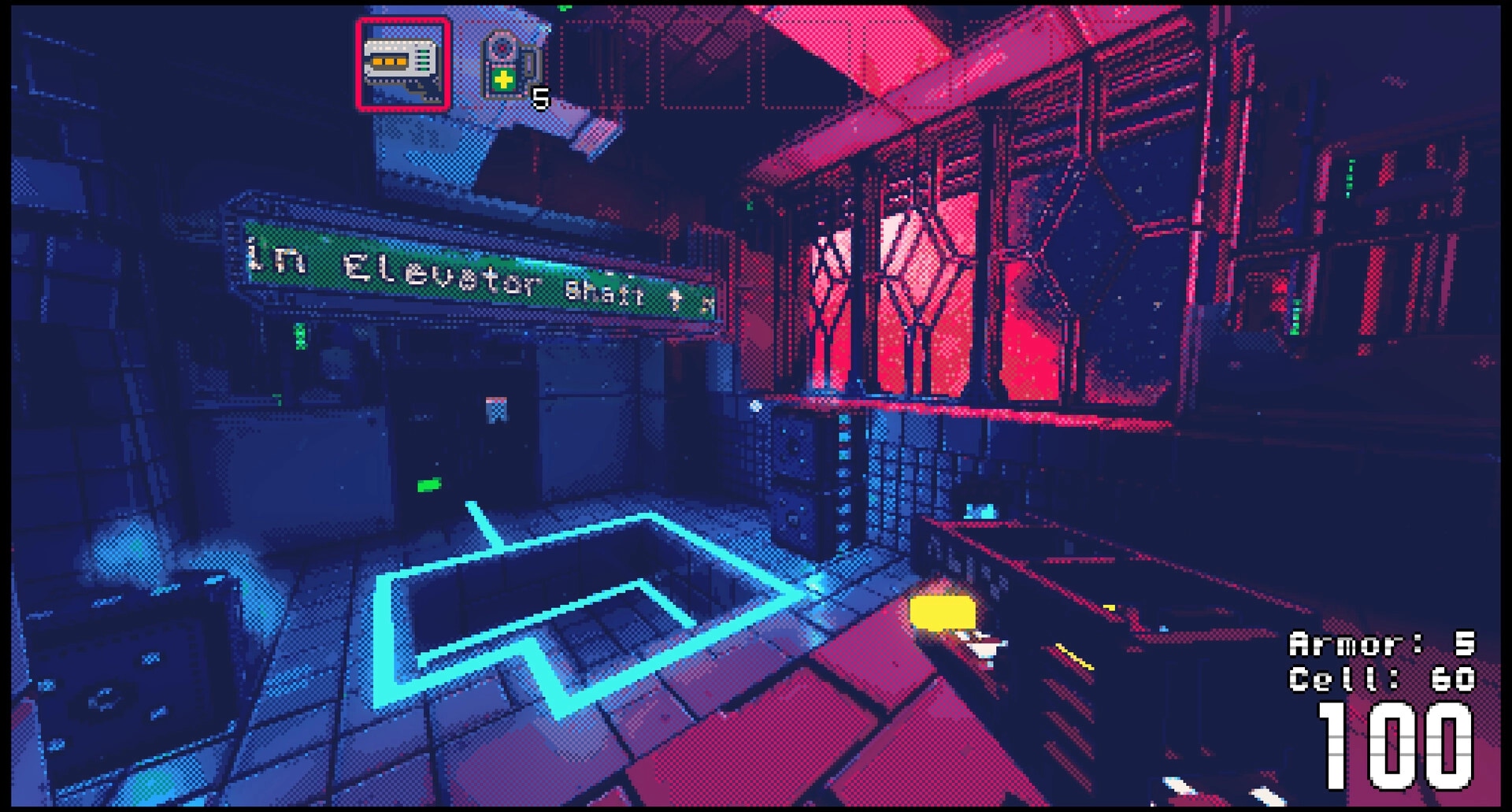 Reconfigure: HUD with armor and ammo while aiming at a glowing floor hatch in a neon corridor.